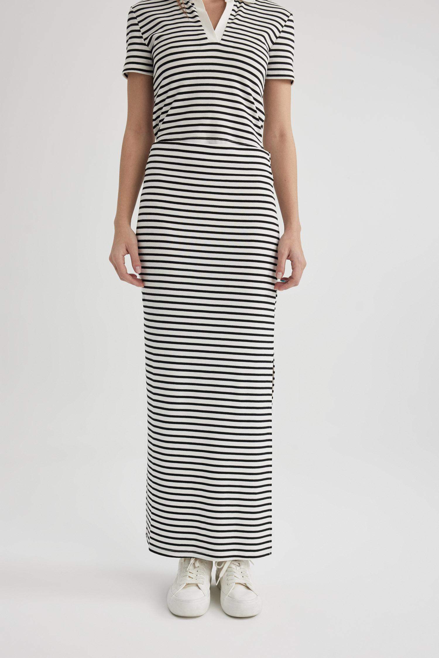 Fitted Fitilli Çizgili Kaşkorse Maxi Etek