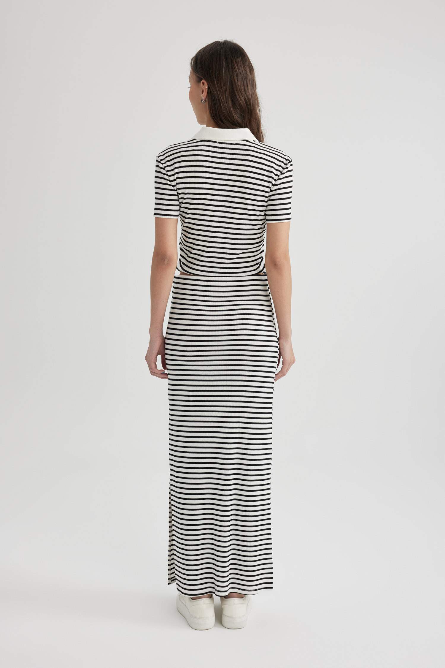 Fitted Fitilli Çizgili Kaşkorse Maxi Etek