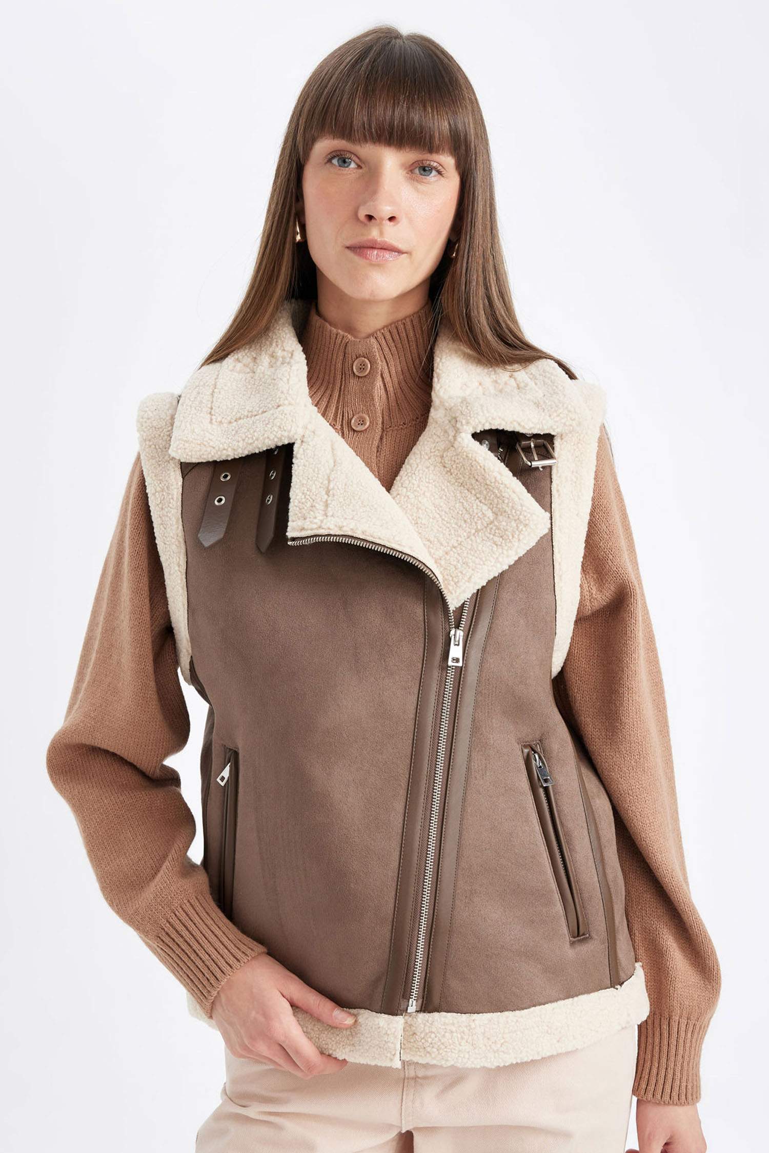 Su Geçirmez Süet Yelek Kruvaze Yaka Fermuarlı Cepli Kolsuz Mevsimlik Suni Pelüş Astarlı