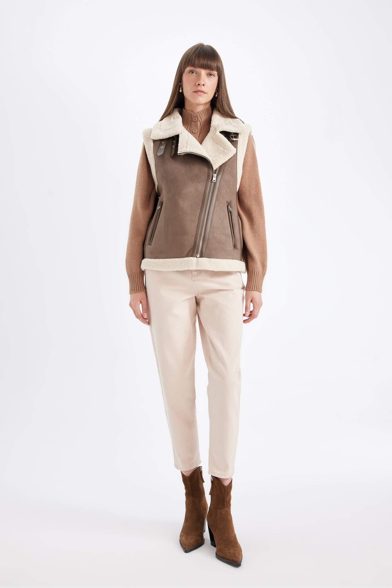 Su Geçirmez Süet Yelek Kruvaze Yaka Fermuarlı Cepli Kolsuz Mevsimlik Suni Pelüş Astarlı