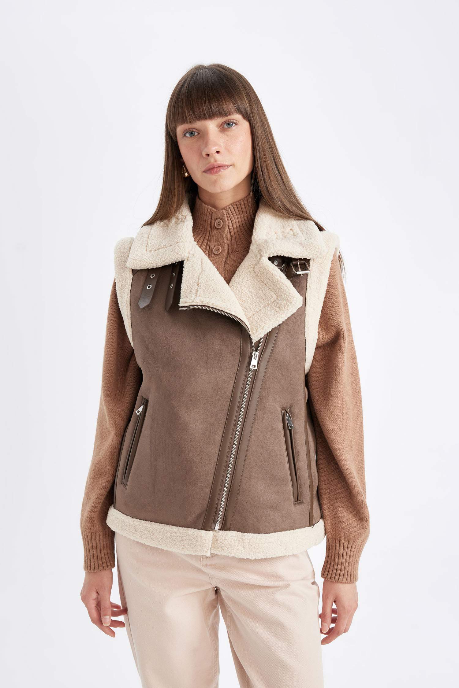 Su Geçirmez Süet Yelek Kruvaze Yaka Fermuarlı Cepli Kolsuz Mevsimlik Suni Pelüş Astarlı