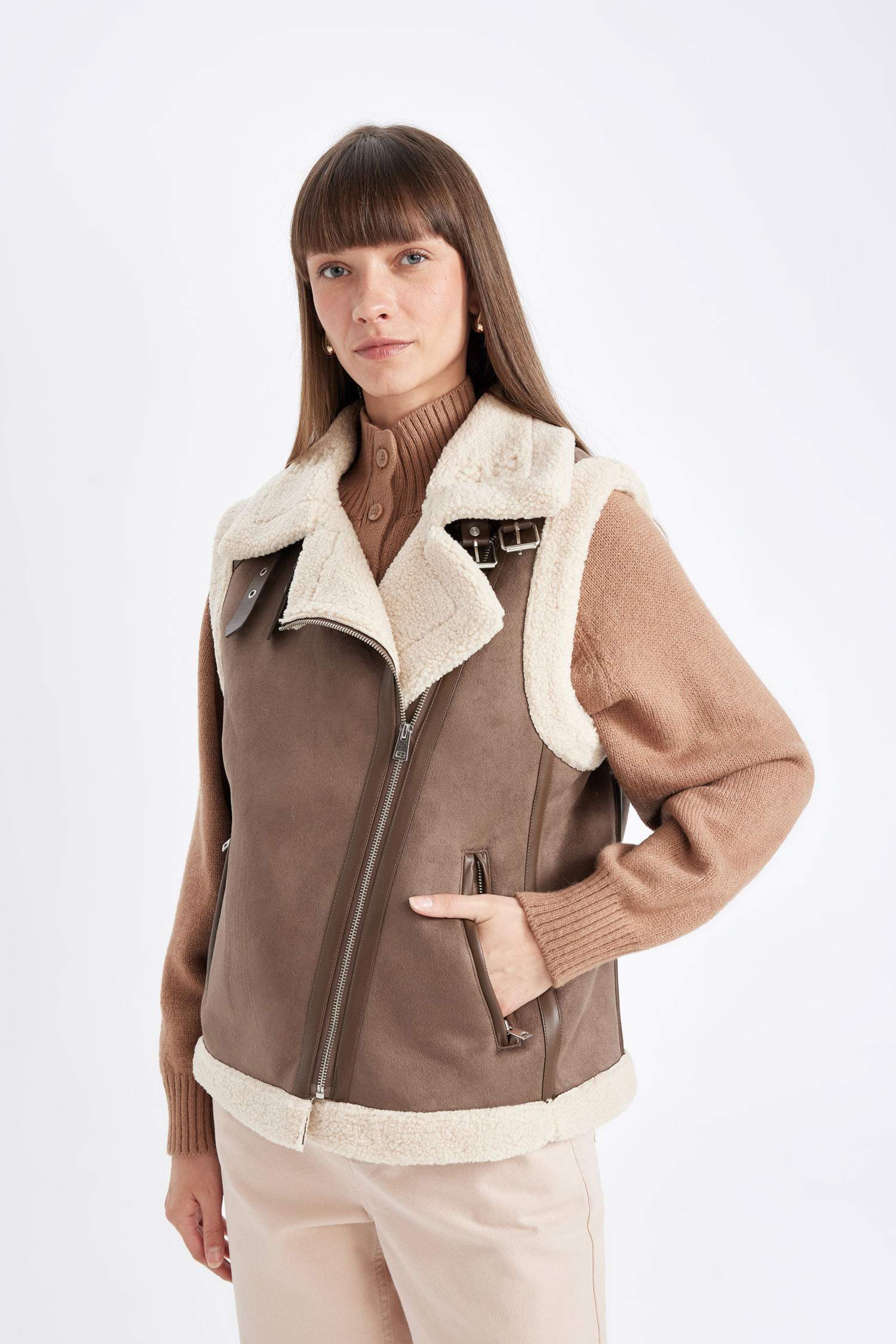 Su Geçirmez Süet Yelek Kruvaze Yaka Fermuarlı Cepli Kolsuz Mevsimlik Suni Pelüş Astarlı