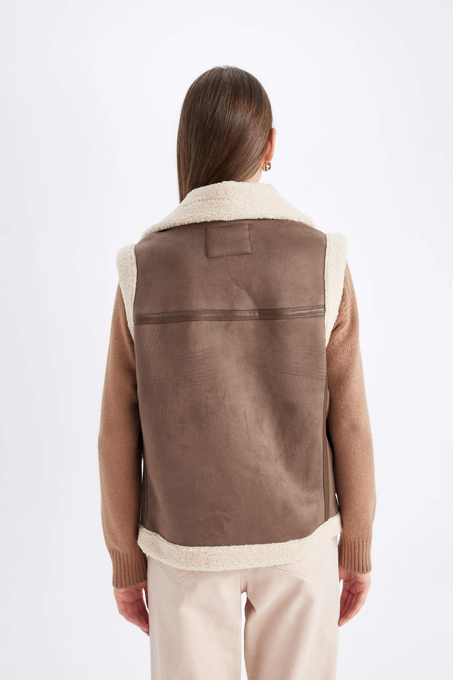 Su Geçirmez Süet Yelek Kruvaze Yaka Fermuarlı Cepli Kolsuz Mevsimlik Suni Pelüş Astarlı