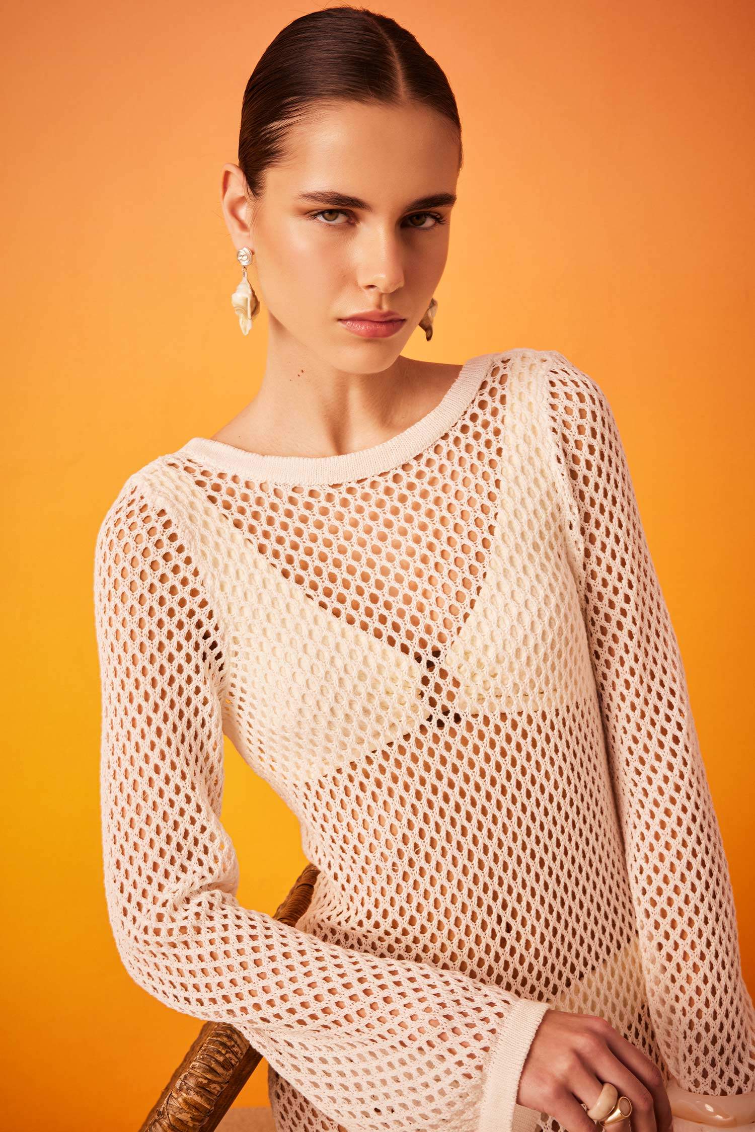 Long Sleeve White Mesh Beach Dress