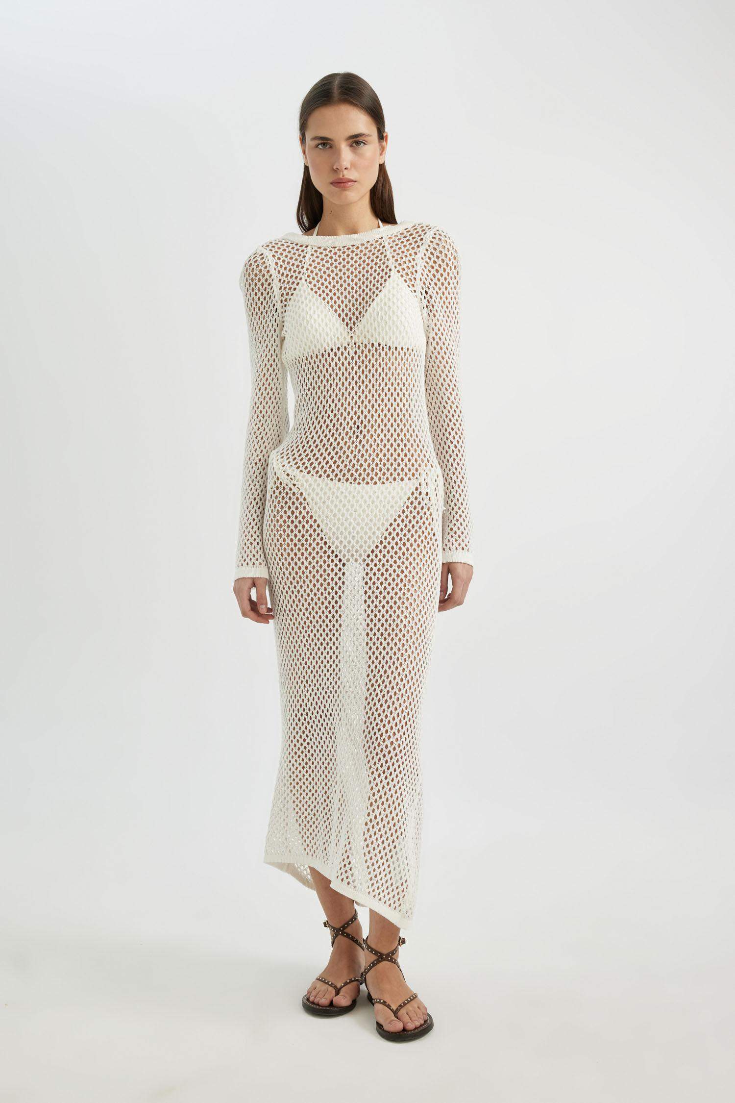 Long Sleeve White Mesh Beach Dress