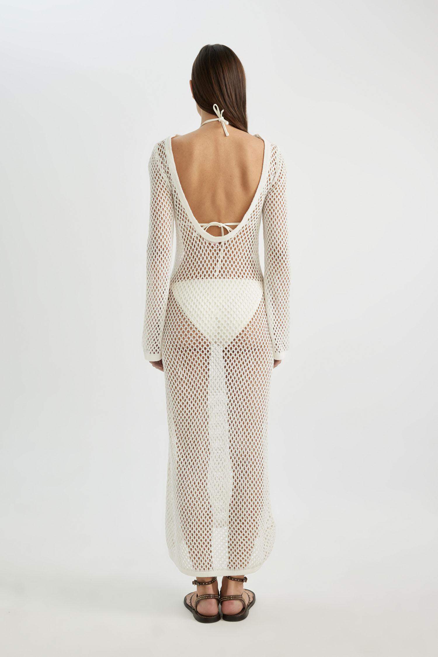 Long Sleeve White Mesh Beach Dress