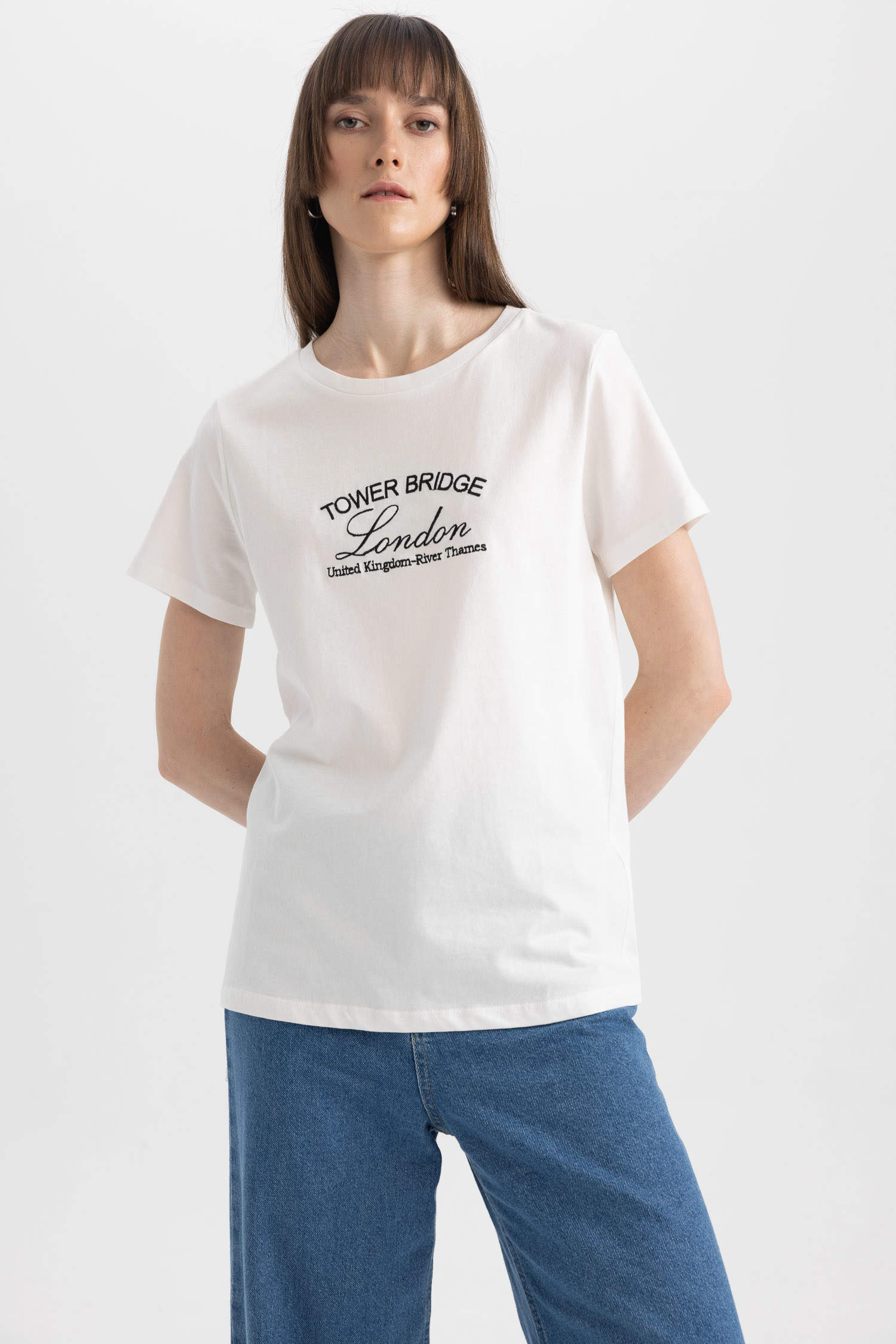 Ecru WOMAN Regular Fit Crew Neck Embroidered Cotton T-Shirt 2819087 ...