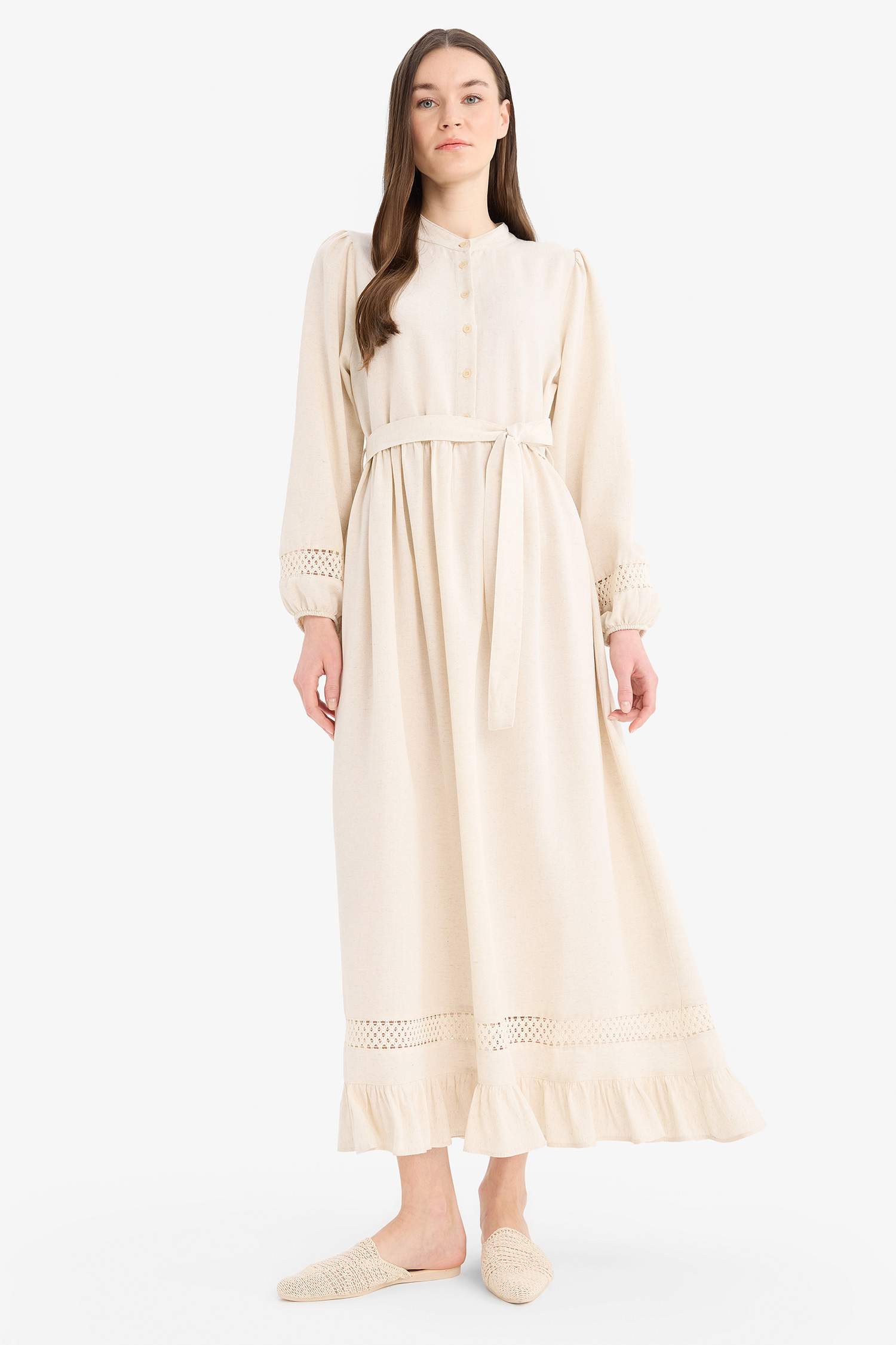 Regular Fit Hakim Yaka Kuşaklı Keten Karışımlı Uzun Kollu Tesettür Elbise