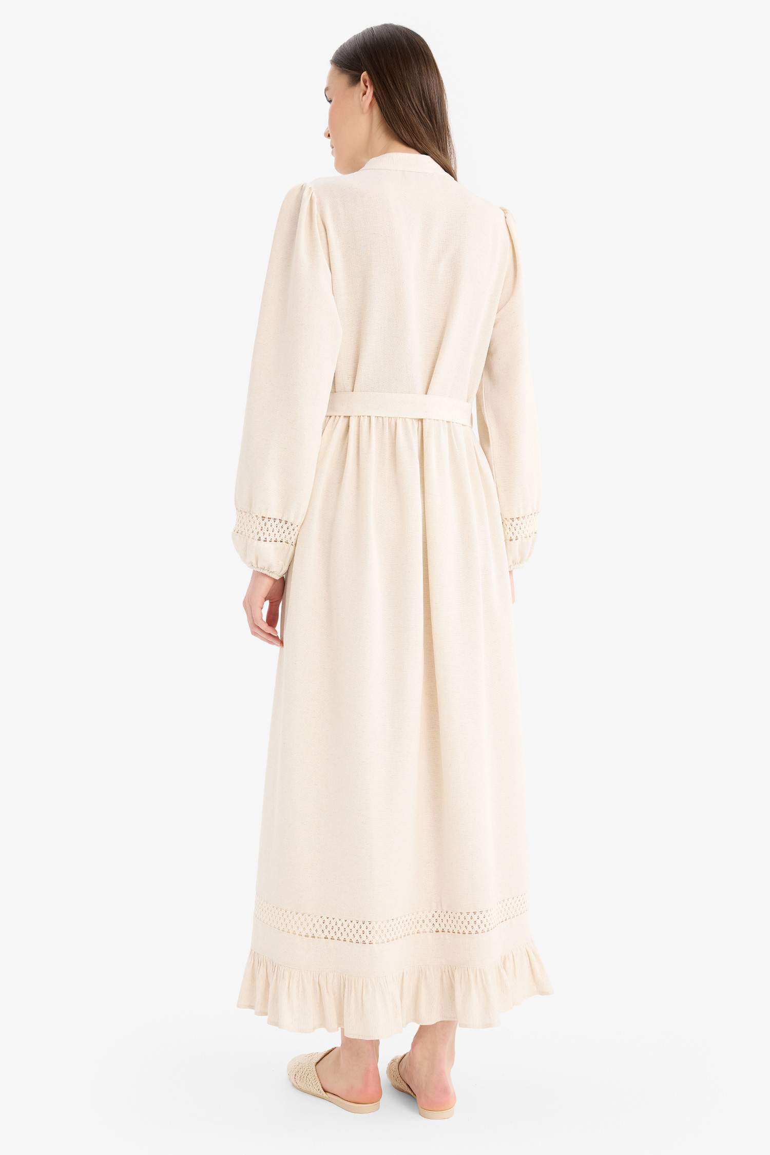 Regular Fit Hakim Yaka Kuşaklı Keten Karışımlı Uzun Kollu Tesettür Elbise