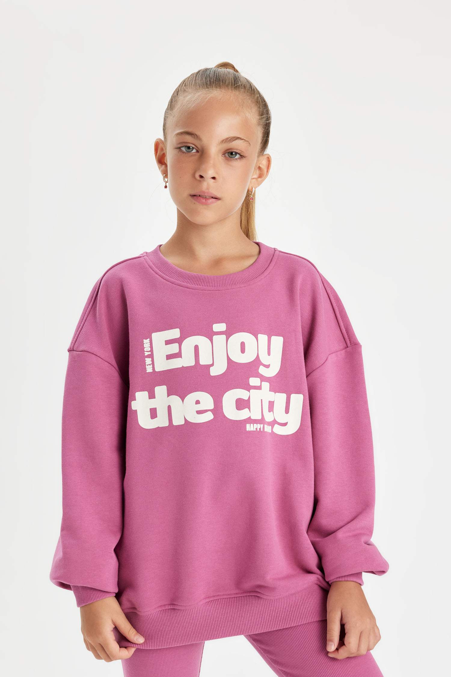 Kız Çocuk 2'li Takım Baskılı Sweatshirt Basic Düz Uzun Tayt