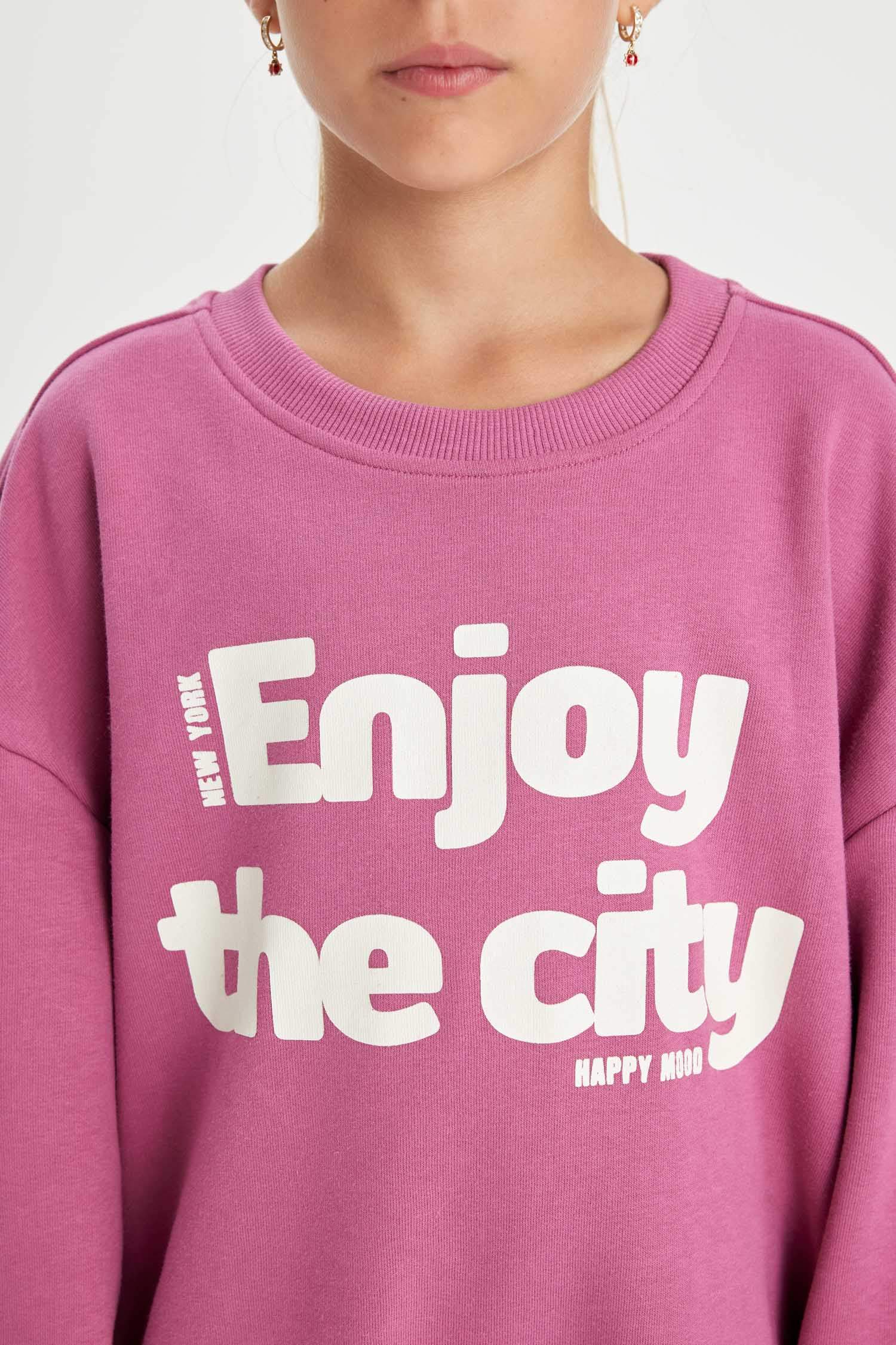 Kız Çocuk 2'li Takım Baskılı Sweatshirt Basic Düz Uzun Tayt