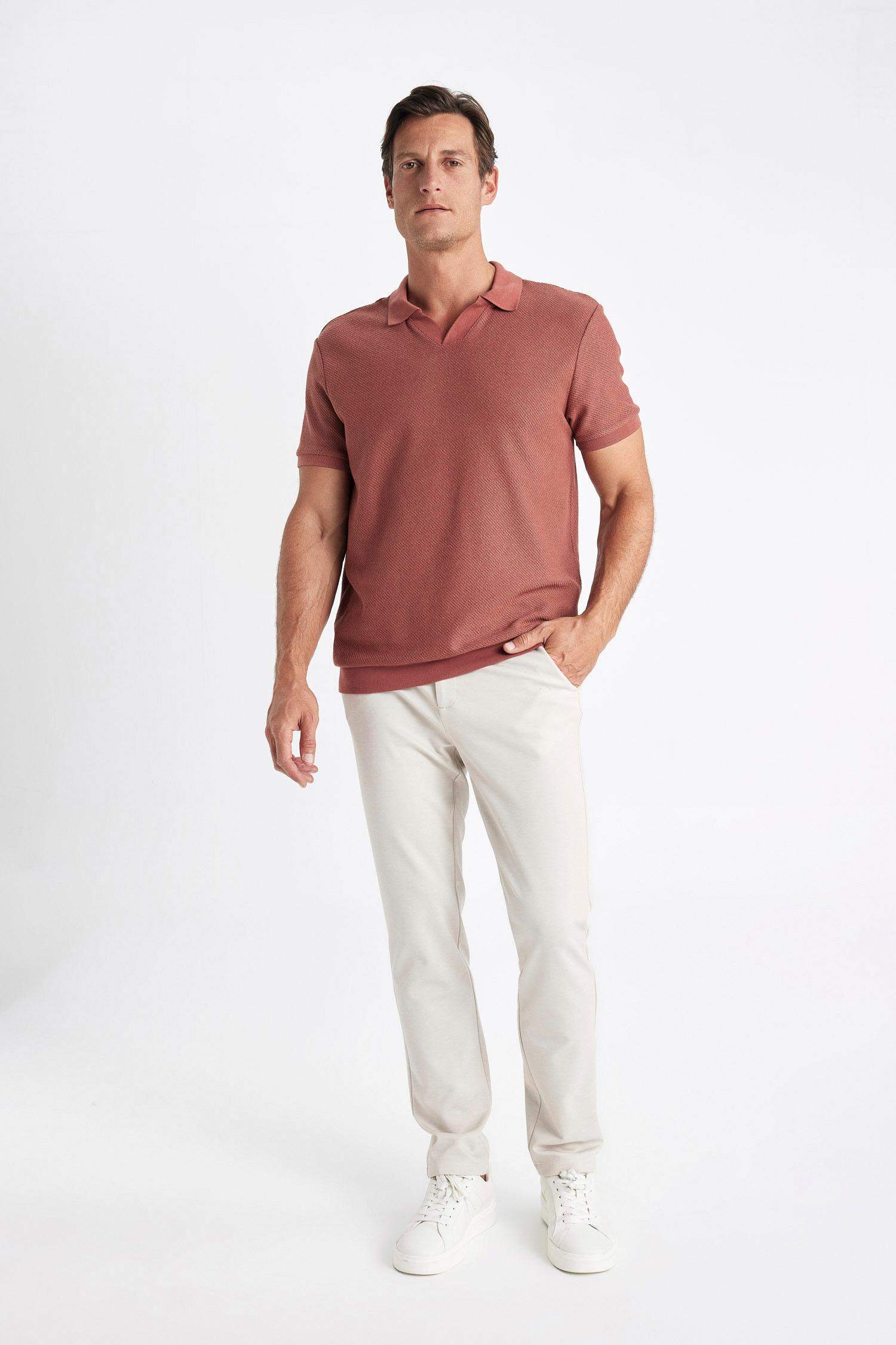 Regular Fit Short Sleeve Knit Look Polo T-Shirt