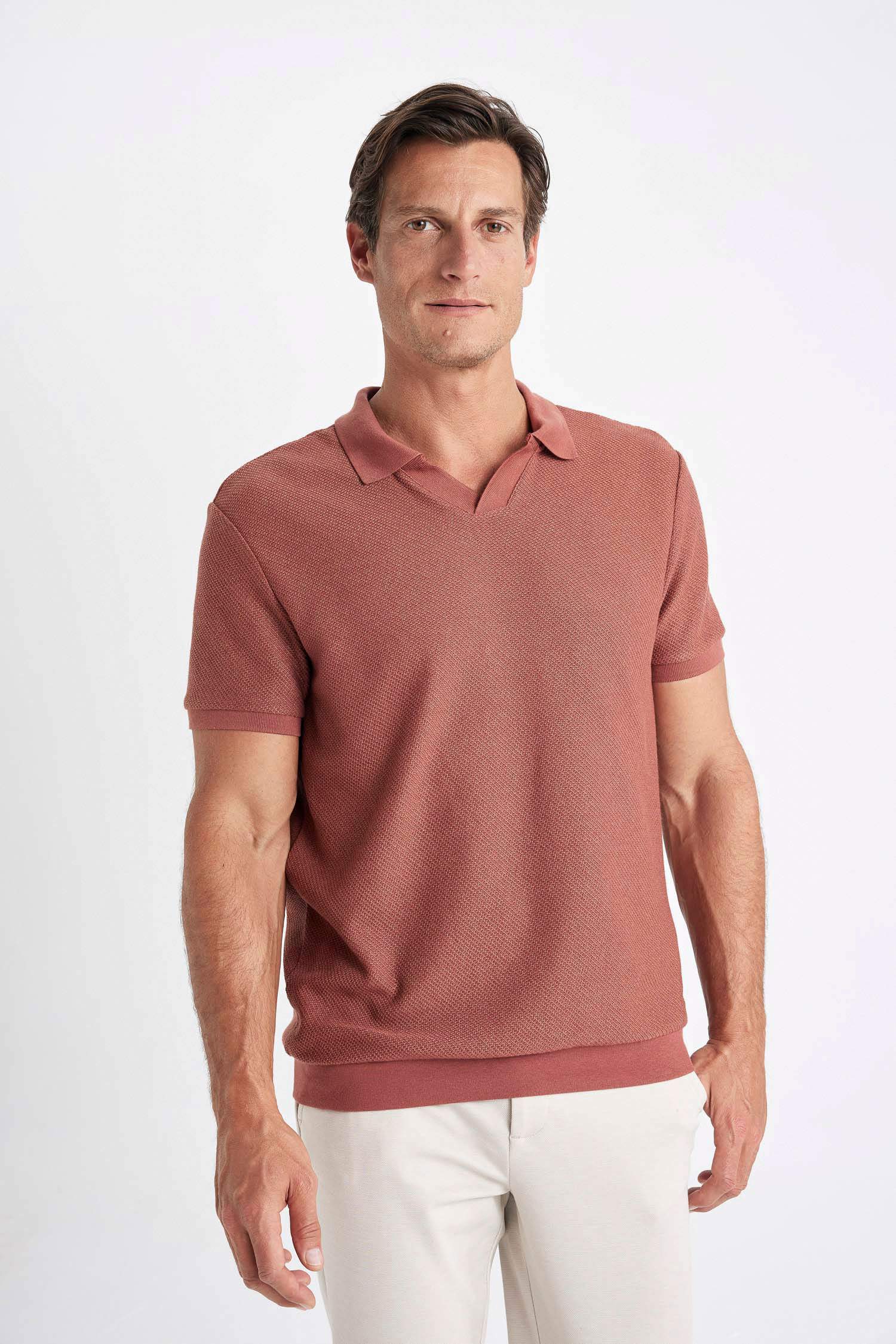Regular Fit Short Sleeve Knit Look Polo T-Shirt