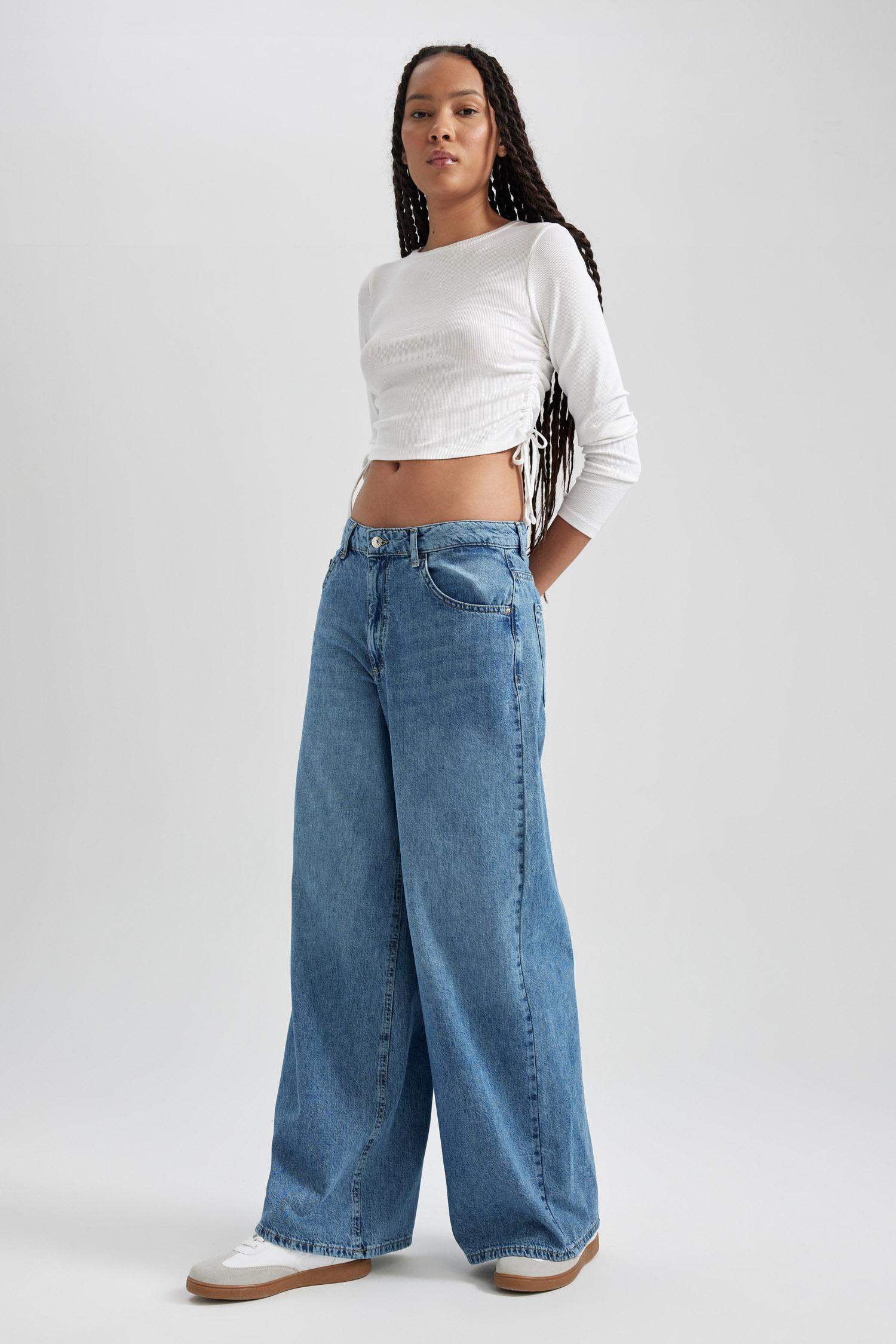 Palazzo Rahat Kalıp Yüksek Bel Geniş Paça Uzun Jean Pantolon