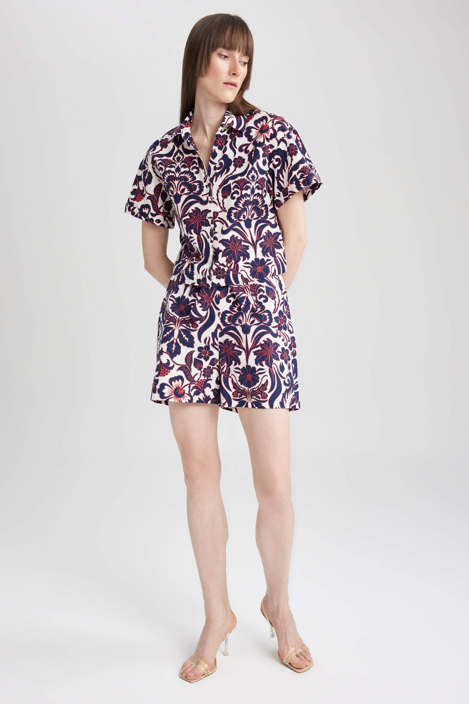 Yüksek Bel Geniş Paça Desenli Poplin %100 Pamuk Şort