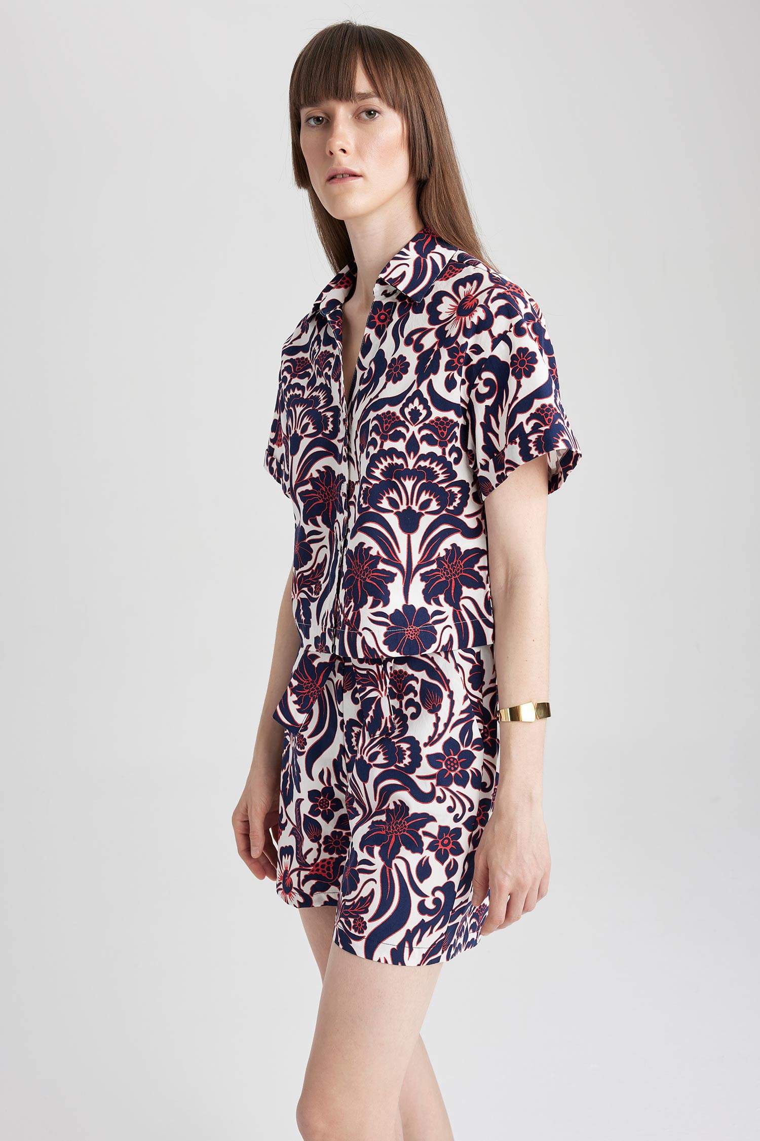 Yüksek Bel Geniş Paça Desenli Poplin %100 Pamuk Şort