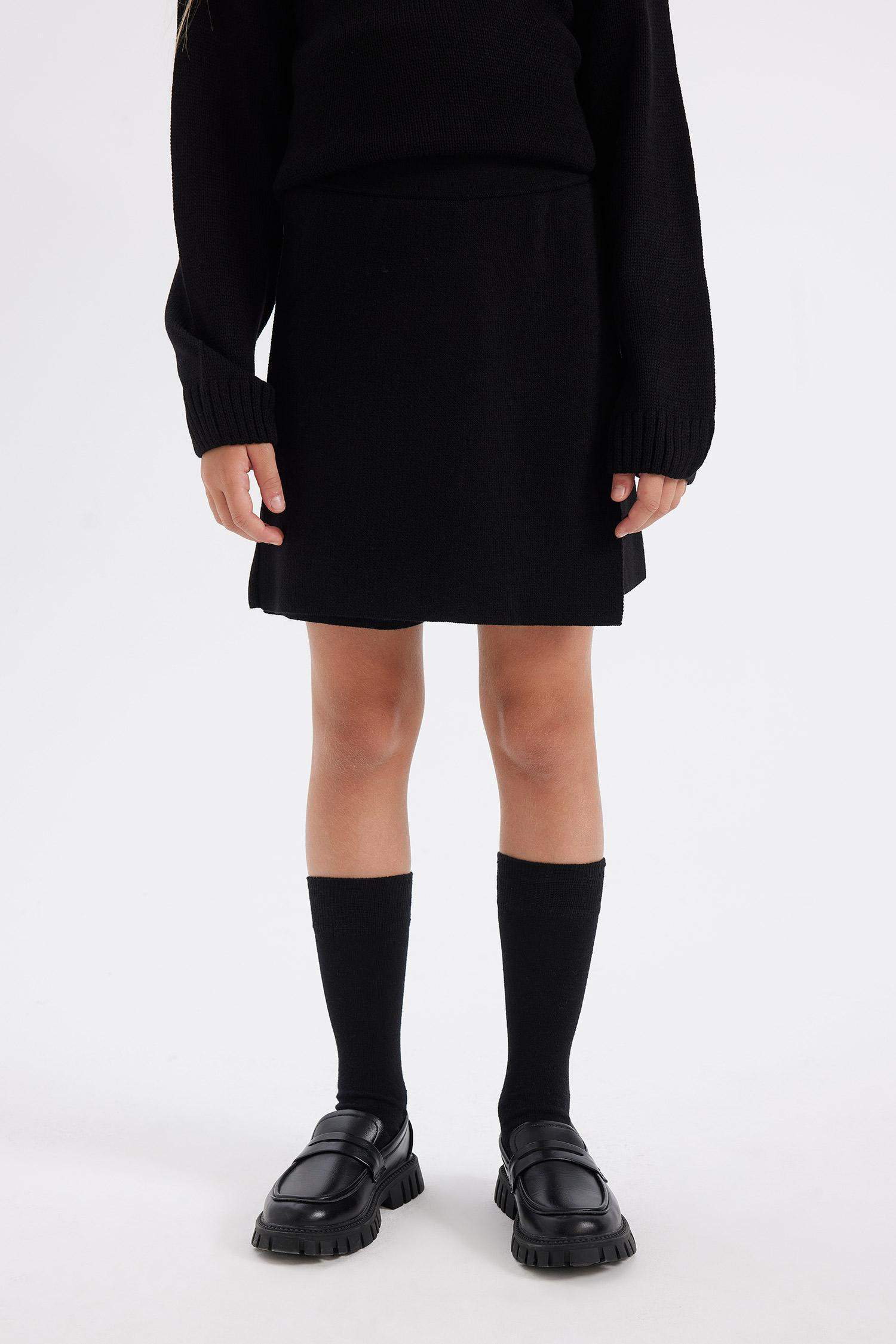 Kız Çocuk Siyah Basic Düz Okul Şort Triko Etek