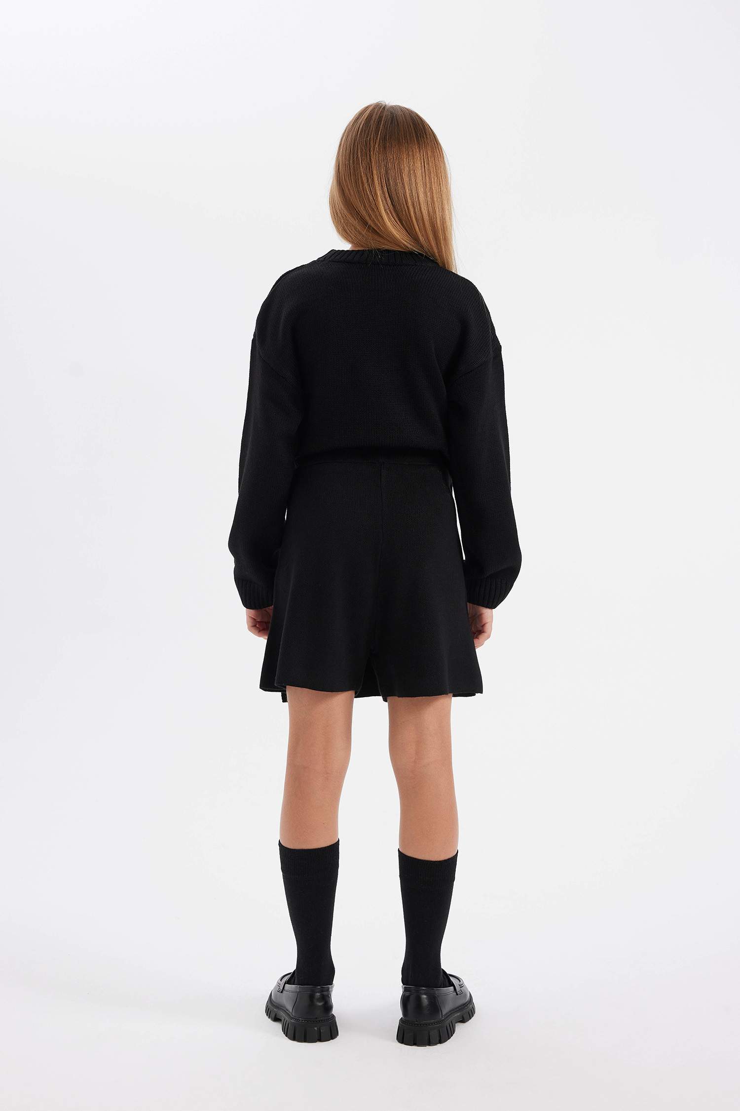 Kız Çocuk Siyah Basic Düz Okul Şort Triko Etek