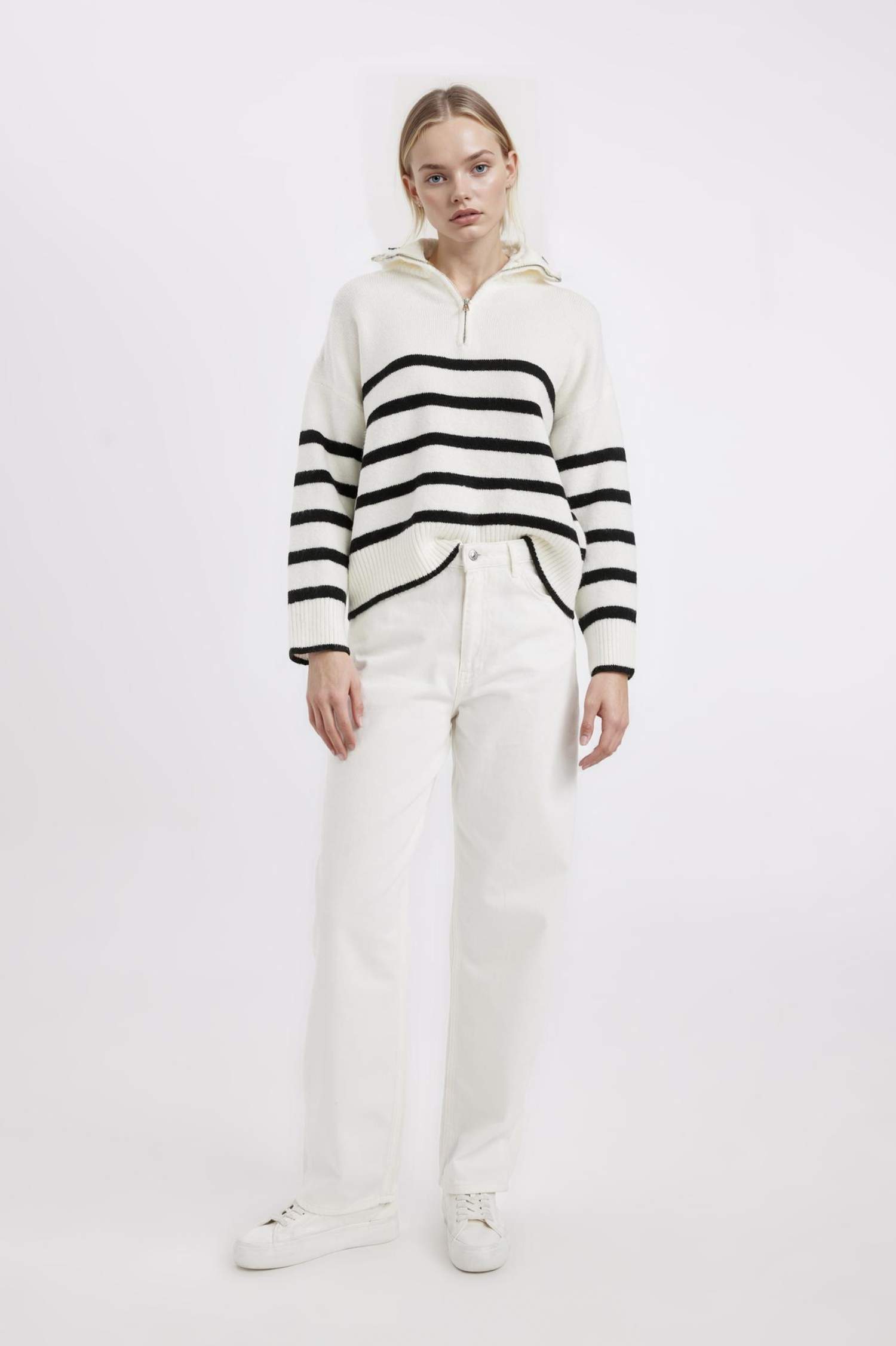 Oversize Geniş Kalıp Çizgili Yarım Fermuarlı Dik Yaka Triko Kazak