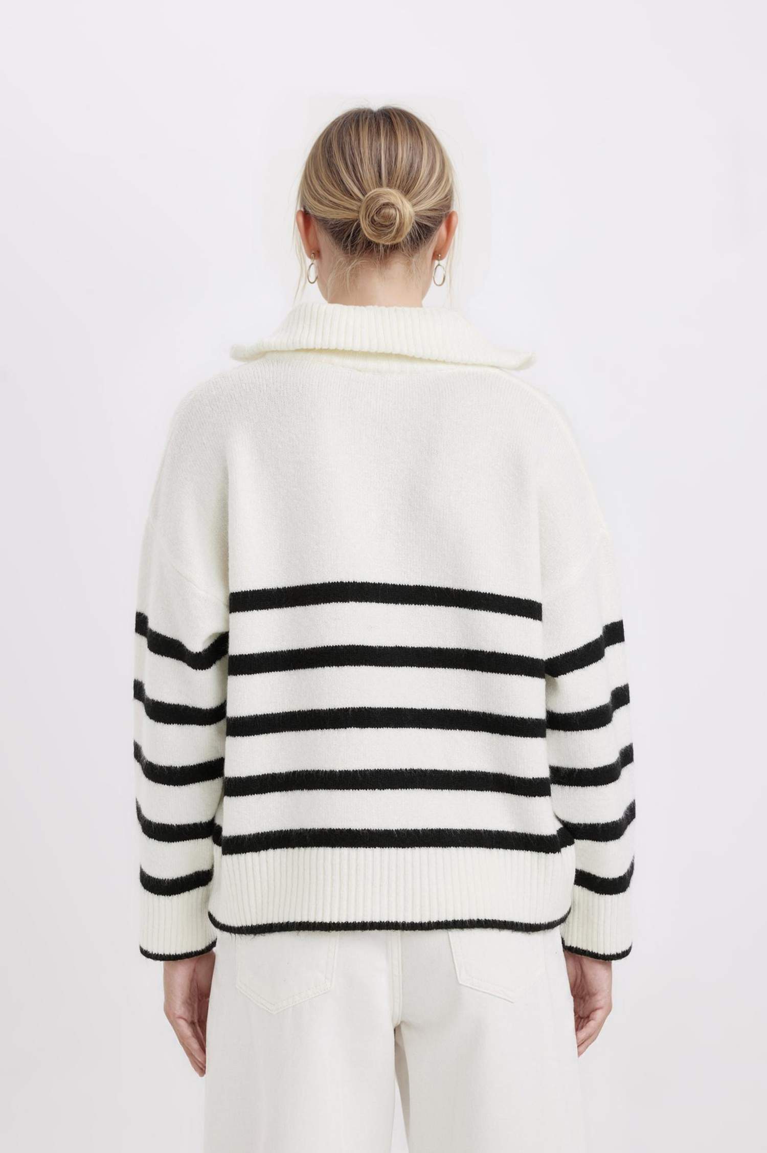 Oversize Geniş Kalıp Çizgili Yarım Fermuarlı Dik Yaka Triko Kazak