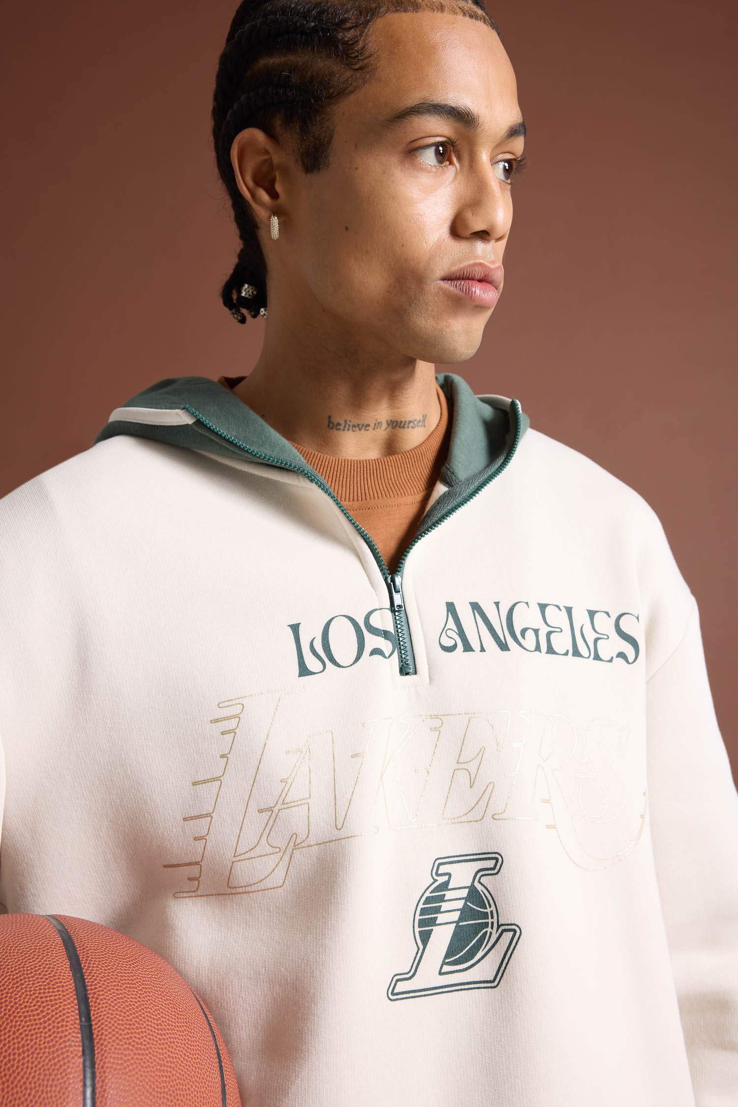 NBA Los Angeles Lakers Boxy Fit Kapüşonlu Fermuarlı Kalın Sweatshirt