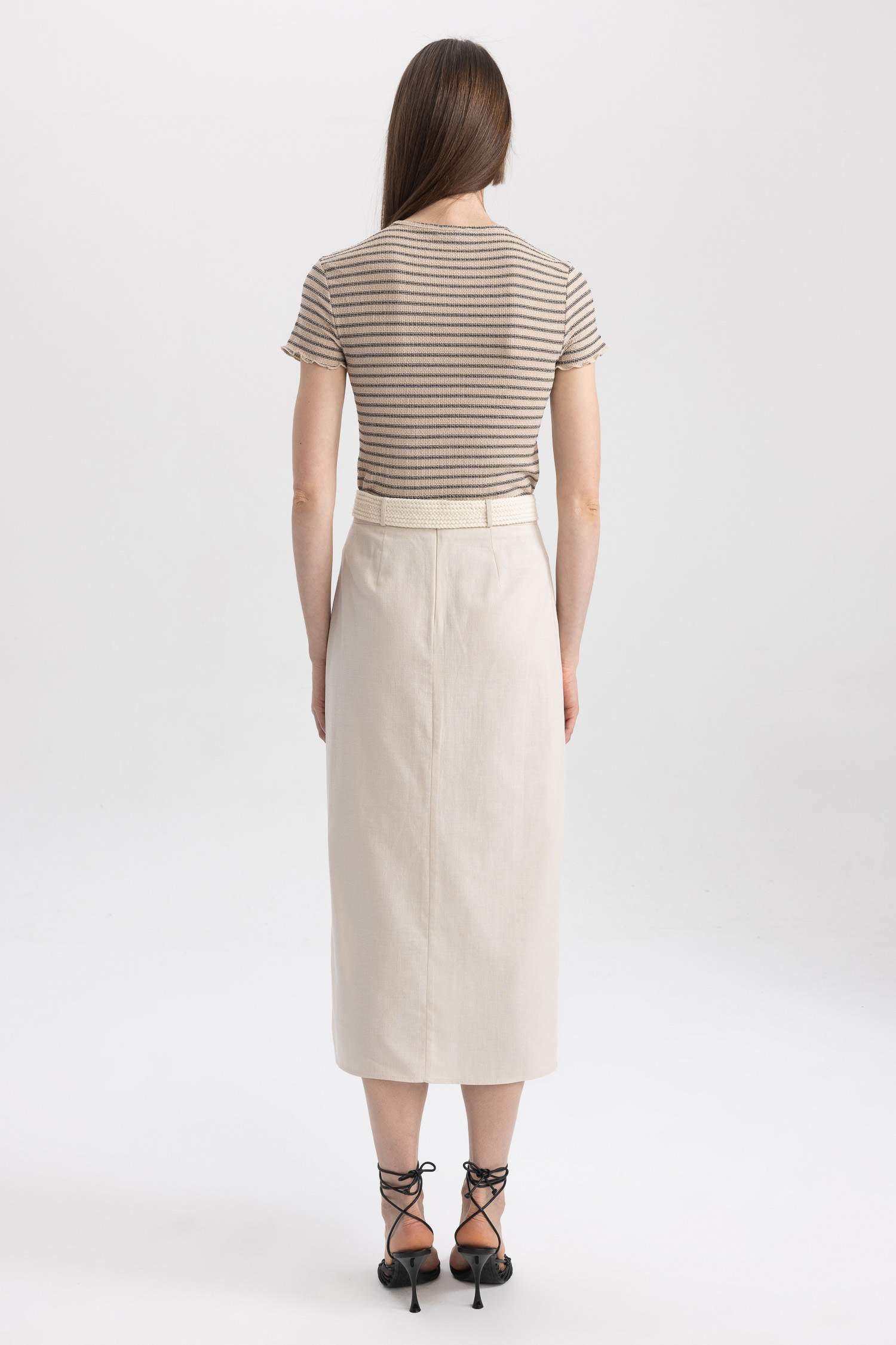 Straight Fit Normal Waist Linen Blend Midi Skirt