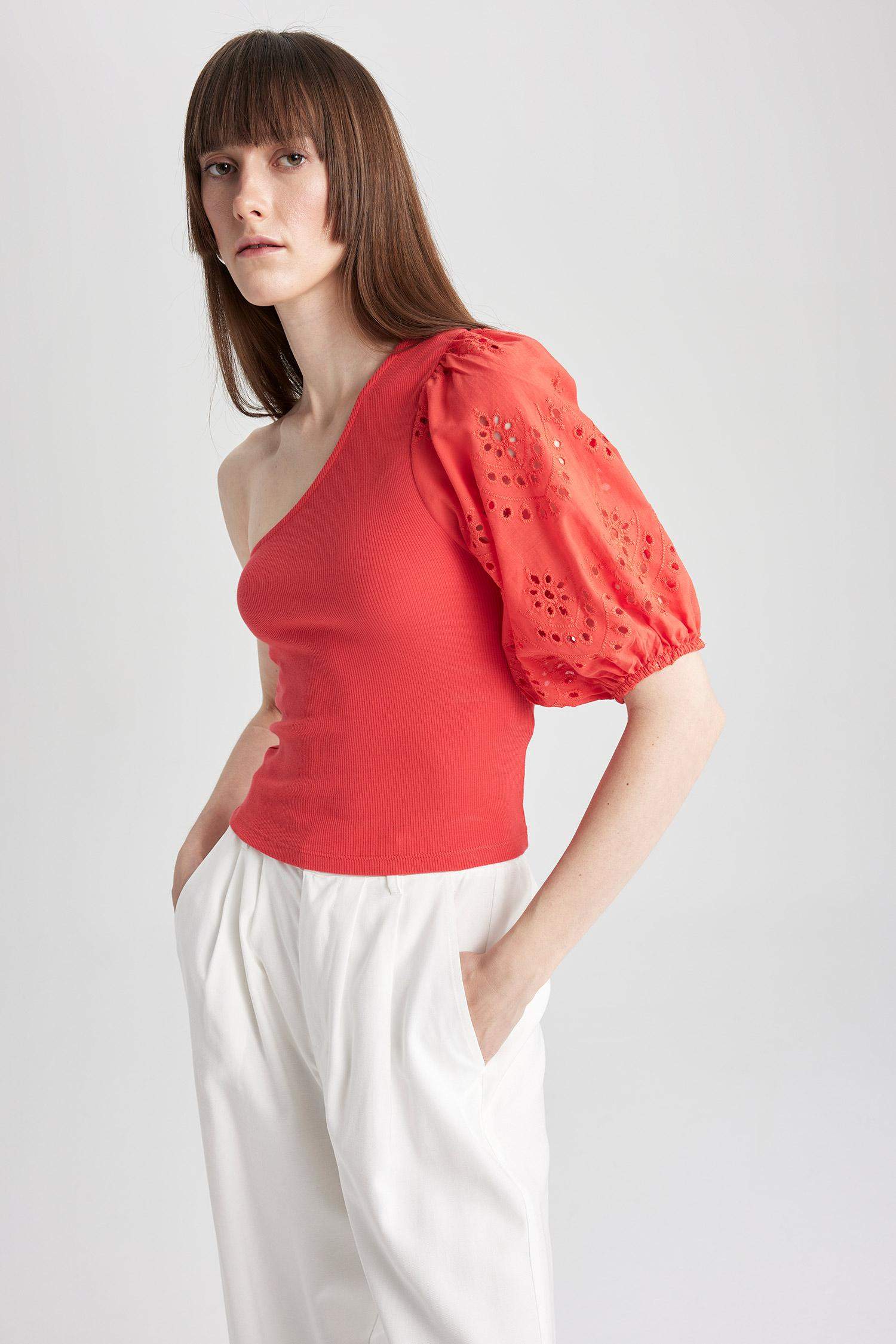 Slim Fit Dar Kesim Tek Omuzlu Fitilli Kaşkorse Kısa Kollu Tişört