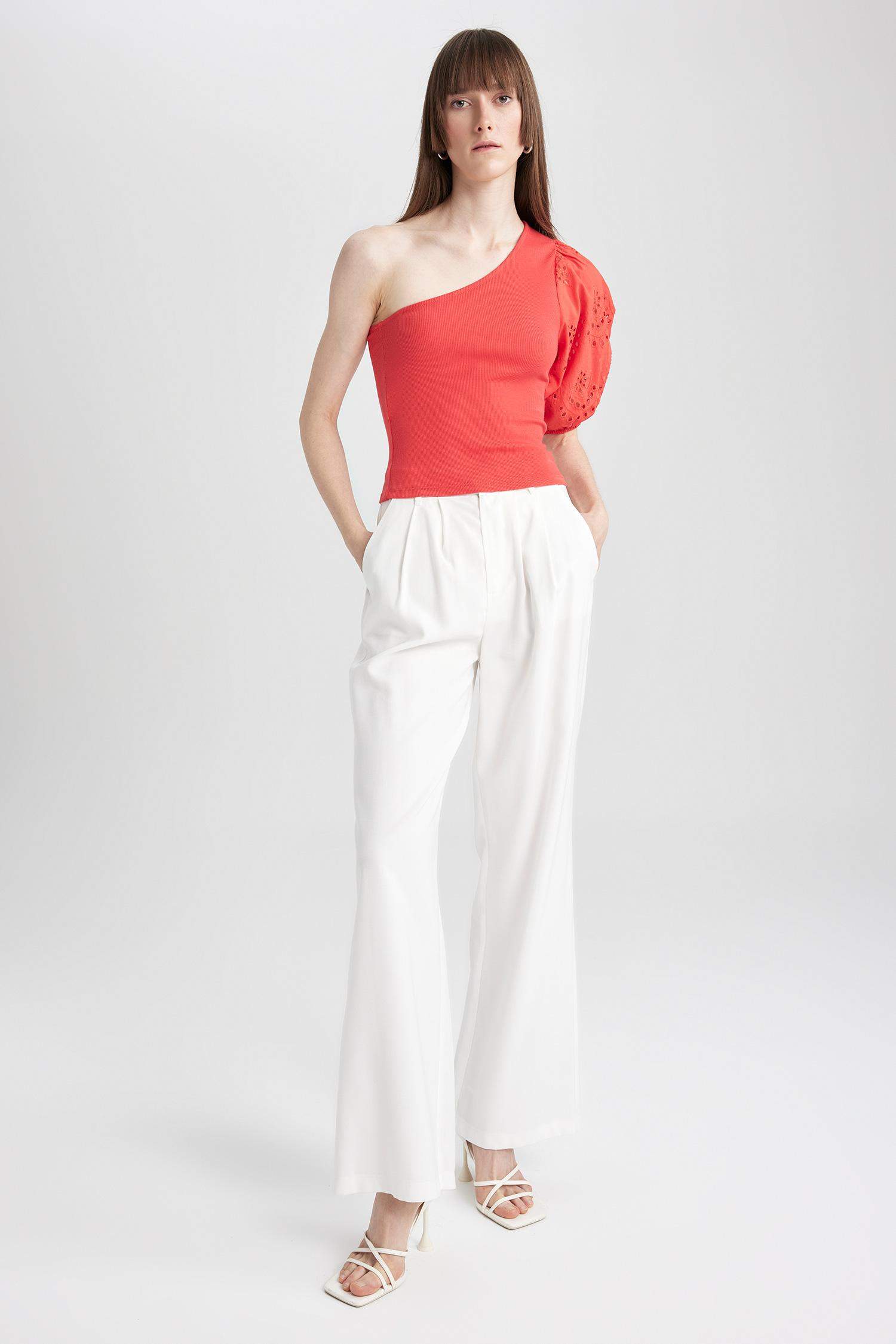 Slim Fit Dar Kesim Tek Omuzlu Fitilli Kaşkorse Kısa Kollu Tişört