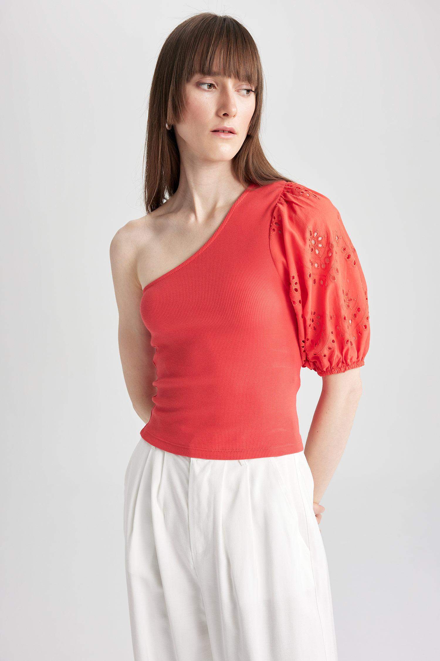 Slim Fit Dar Kesim Tek Omuzlu Fitilli Kaşkorse Kısa Kollu Tişört