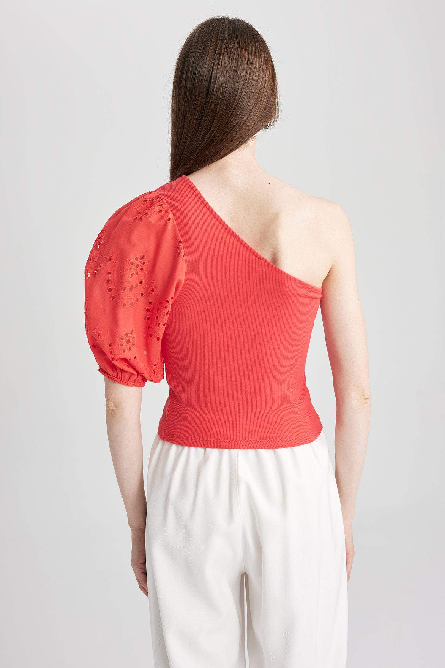 Slim Fit Dar Kesim Tek Omuzlu Fitilli Kaşkorse Kısa Kollu Tişört