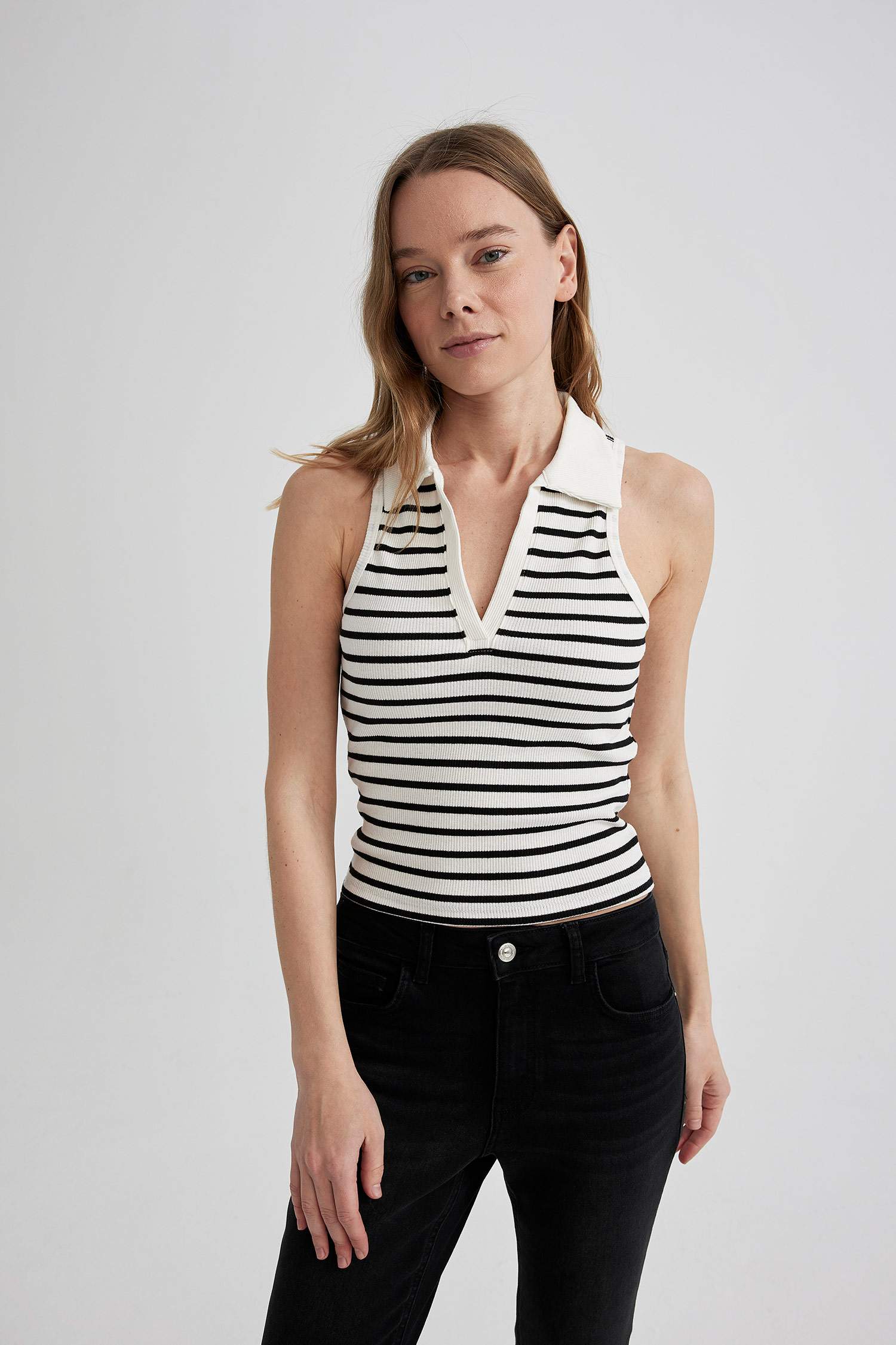 Slim Fit Dar Kesim Çizgili Polo Yaka Fitilli Kaşkorse Atlet