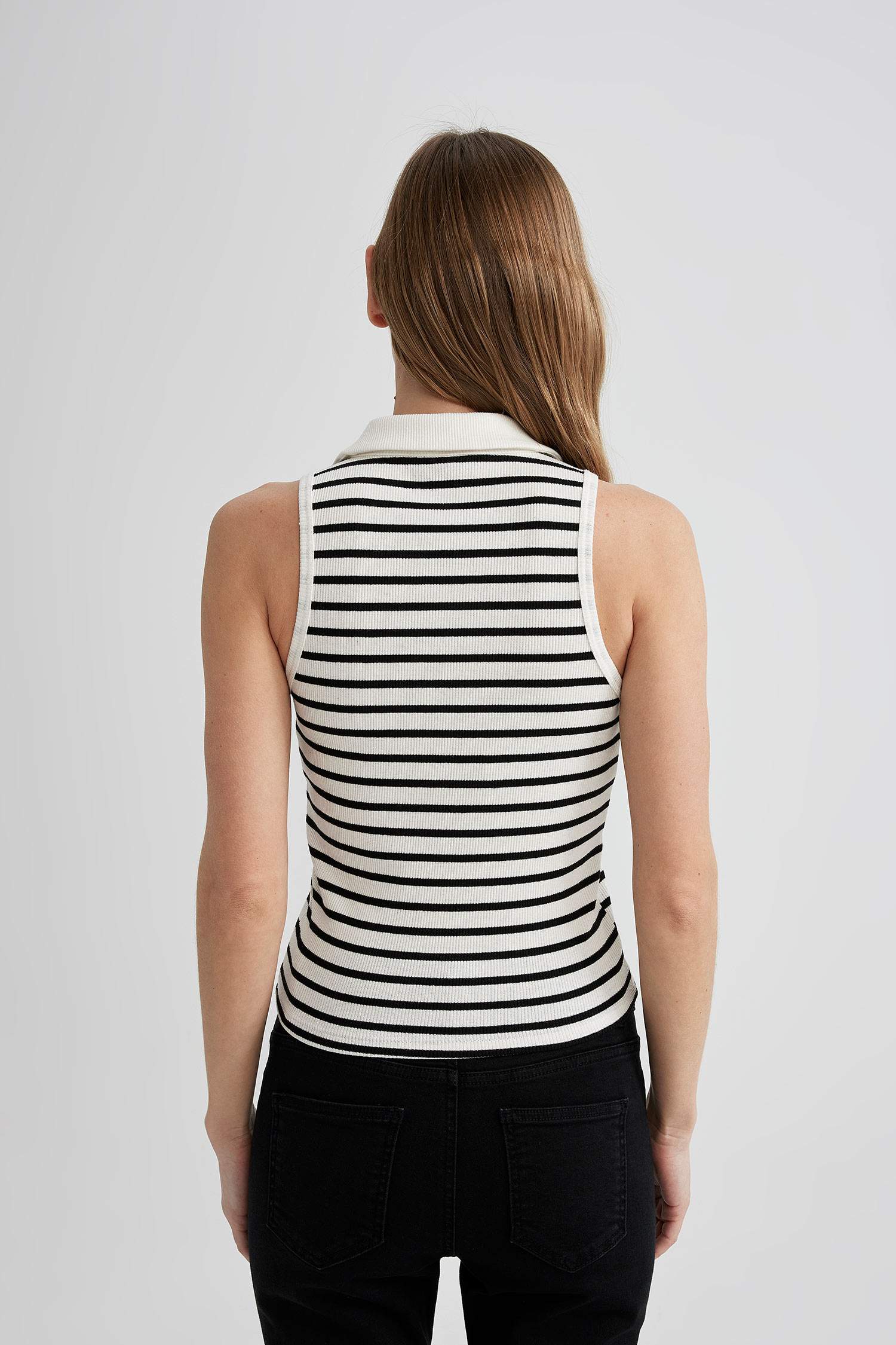 Slim Fit Dar Kesim Çizgili Polo Yaka Fitilli Kaşkorse Atlet