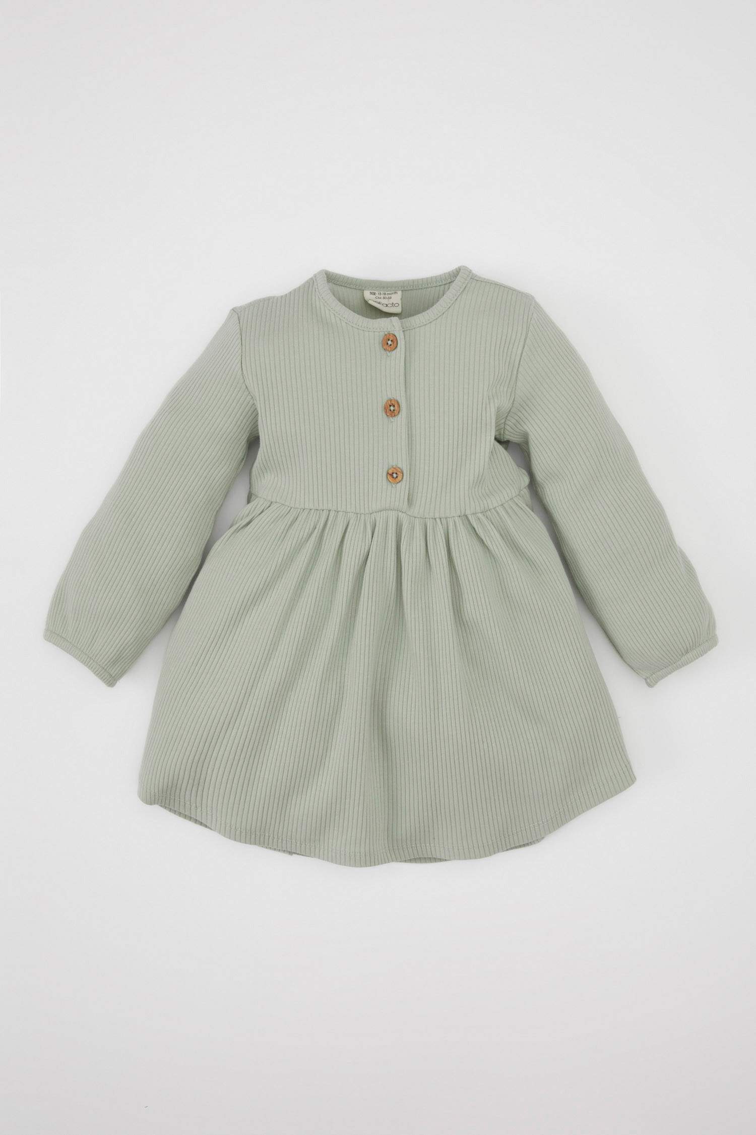 Kız Bebek Bisiklet Yaka Uzun Kollu Fitilli Yarım Düğmeli Kaşkorse Basic Düz Elbise