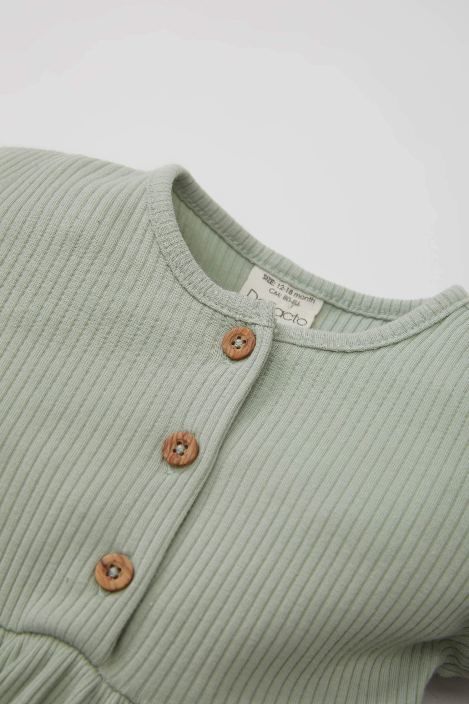 Kız Bebek Bisiklet Yaka Uzun Kollu Fitilli Yarım Düğmeli Kaşkorse Basic Düz Elbise