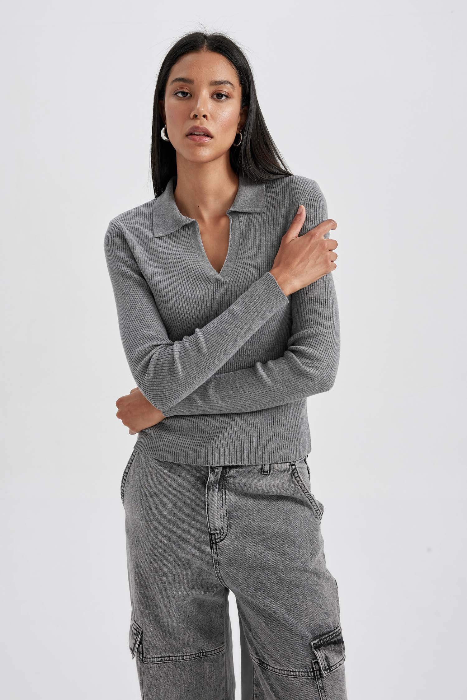 ұзын бұлшықет пішімі поло жаға қабырға Пулловер