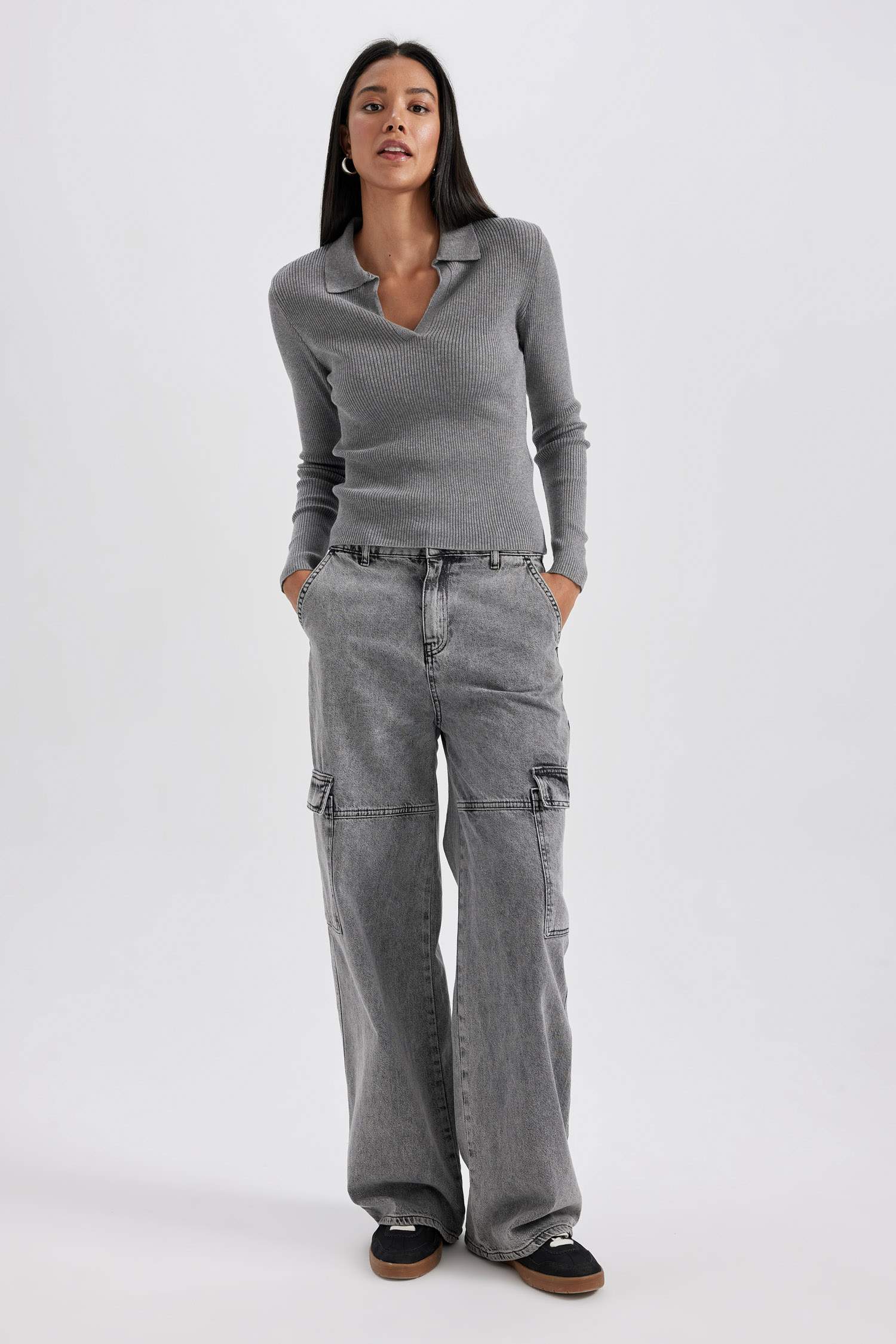 ұзын бұлшықет пішімі поло жаға қабырға Пулловер