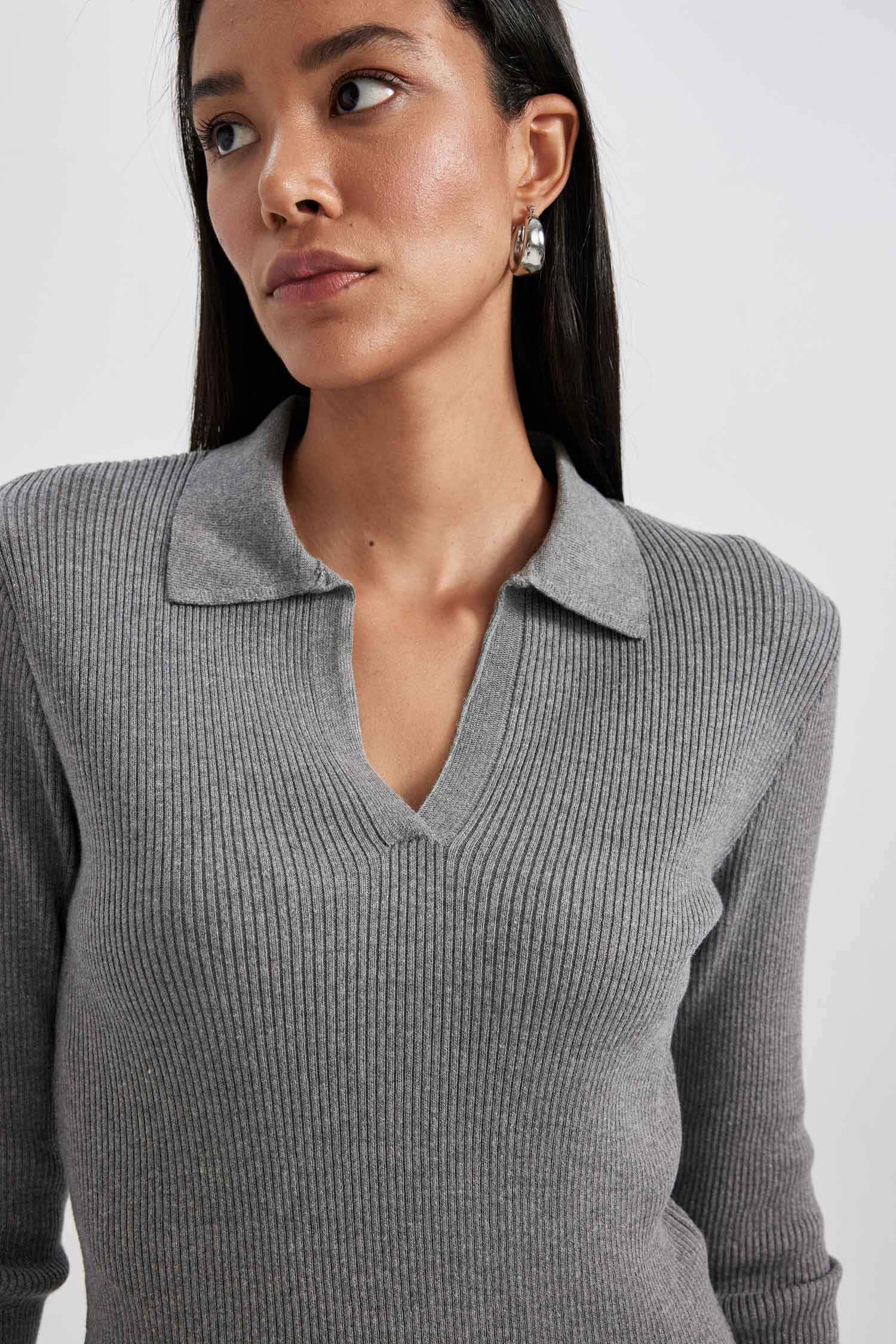 ұзын бұлшықет пішімі поло жаға қабырға Пулловер