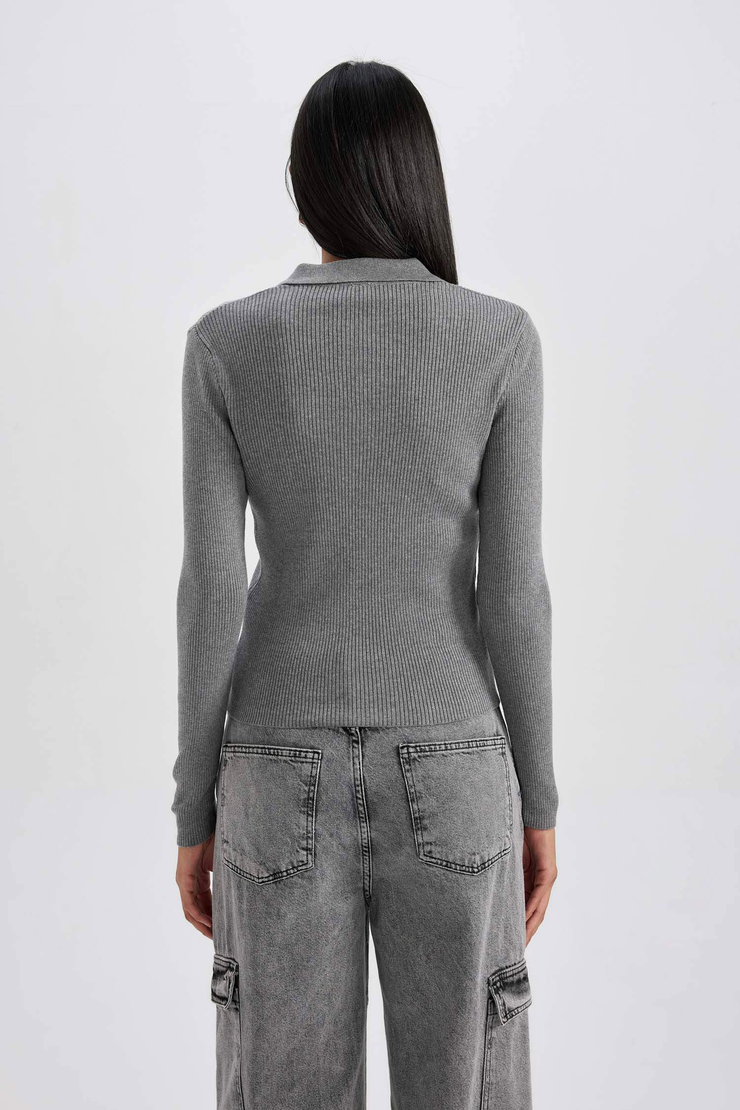 ұзын бұлшықет пішімі поло жаға қабырға Пулловер