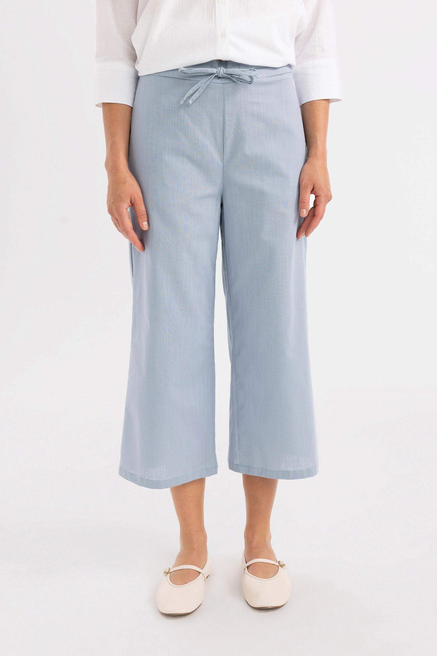 Pantalon capri aspect lin à jambes larges