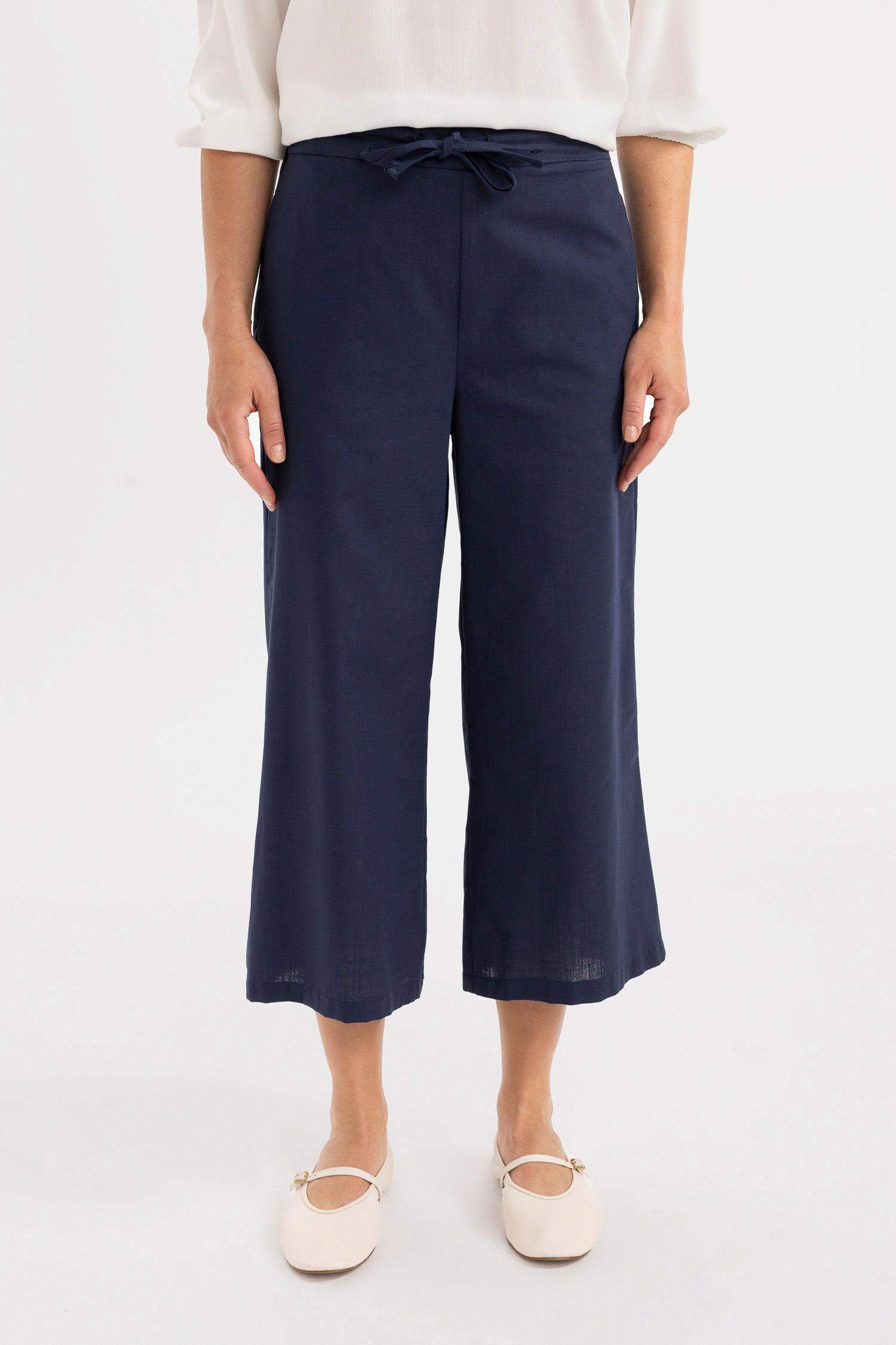 Pantalon capri aspect lin à jambes larges