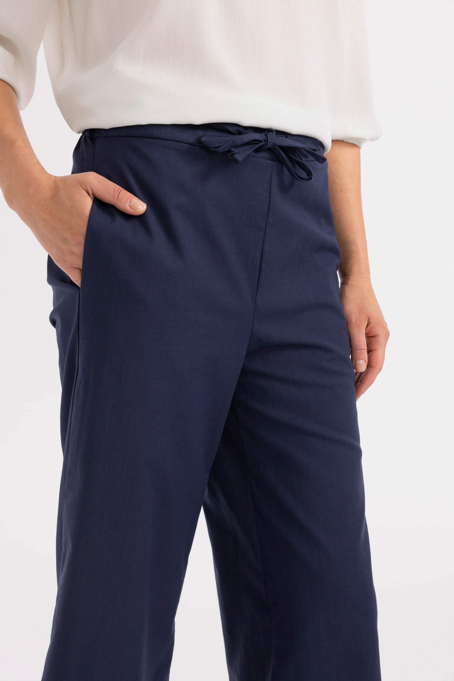 Pantalon capri aspect lin à jambes larges