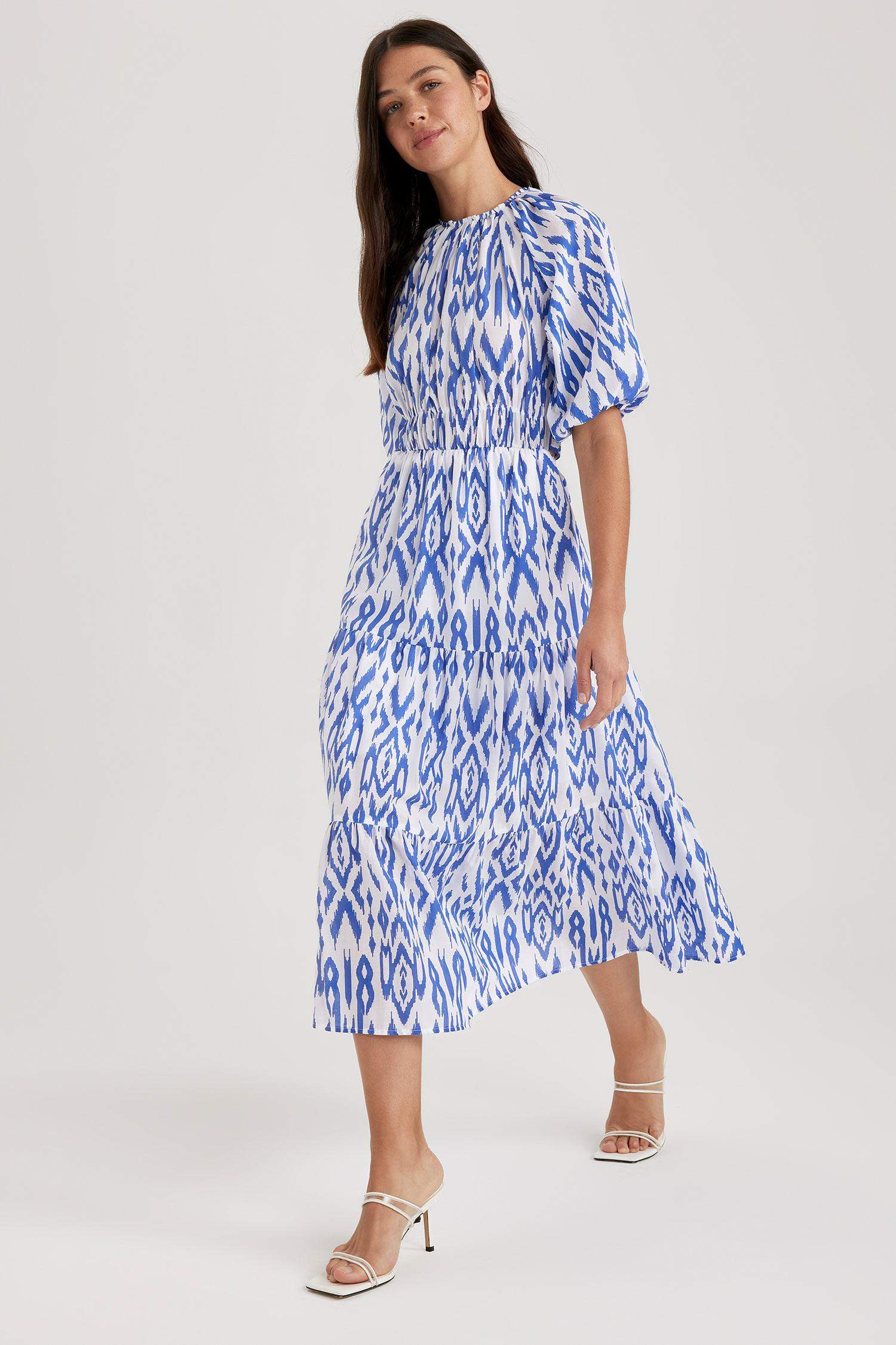 Crew Neck Voile Raglan Sleeve Midi Short Sleeve Dress