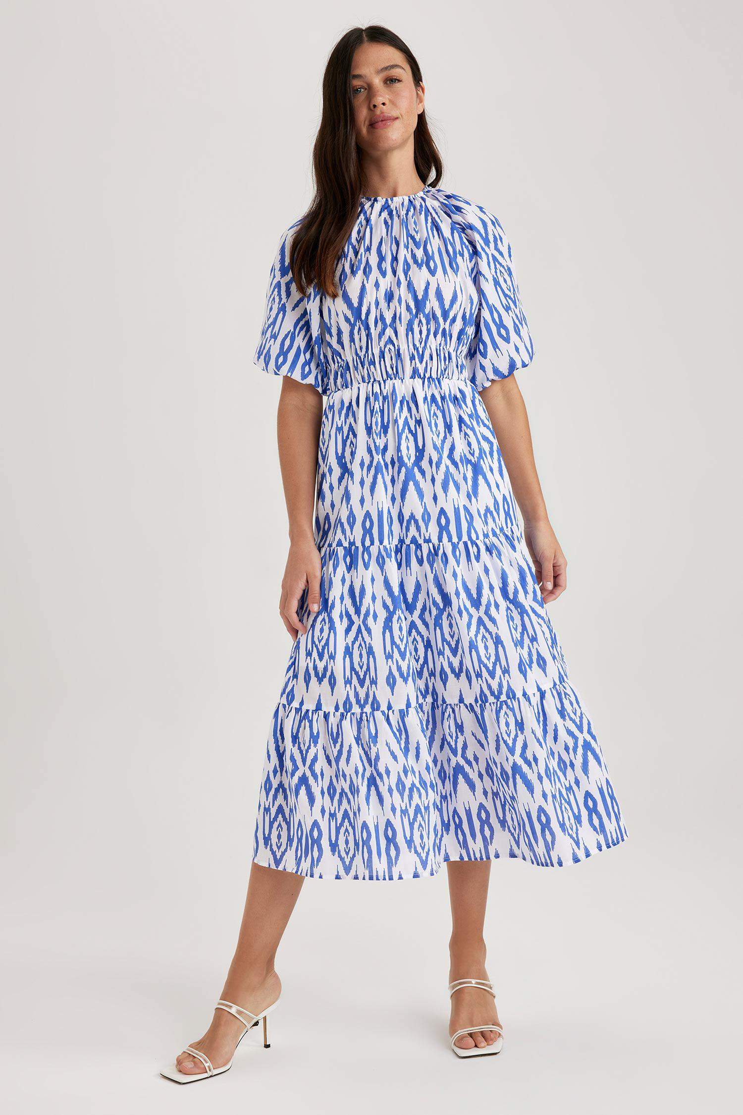 Crew Neck Voile Raglan Sleeve Midi Short Sleeve Dress