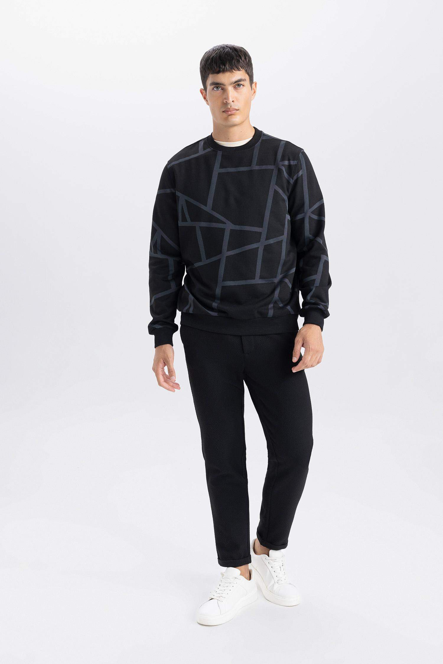 Modern Fit Bisiklet Yaka Desenli Sweatshirt