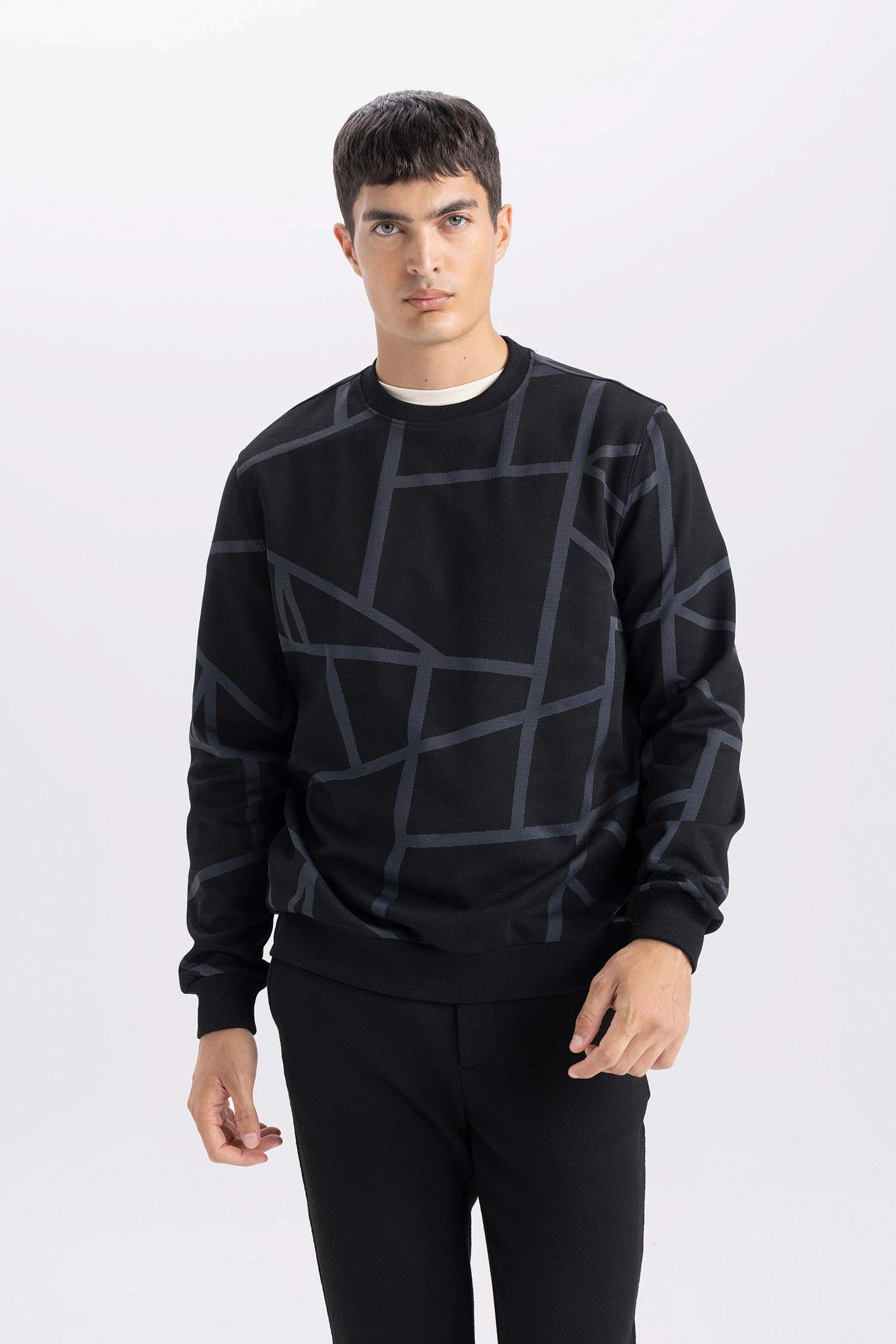 Modern Fit Bisiklet Yaka Desenli Sweatshirt