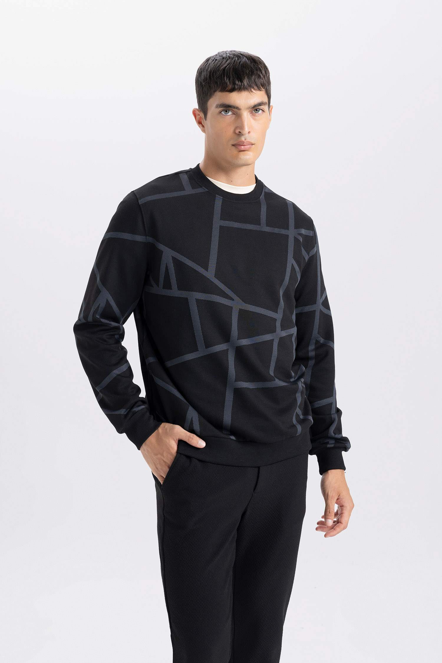 Modern Fit Bisiklet Yaka Desenli Sweatshirt