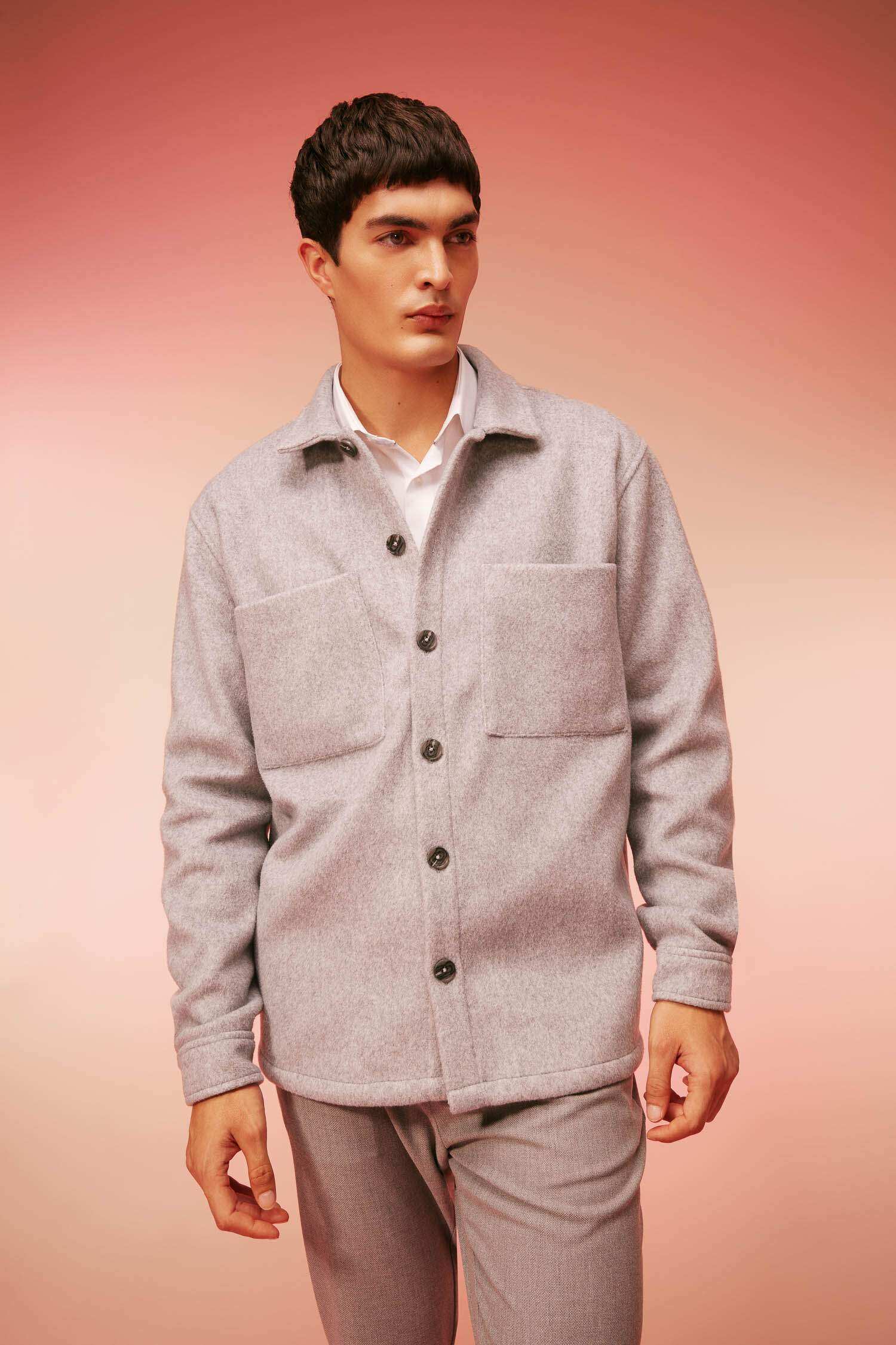 Gris HOMME Veste Chemise Laine Coupe Relaxant Aspect Cachemire Col Polo à  Manches Longues 2891364