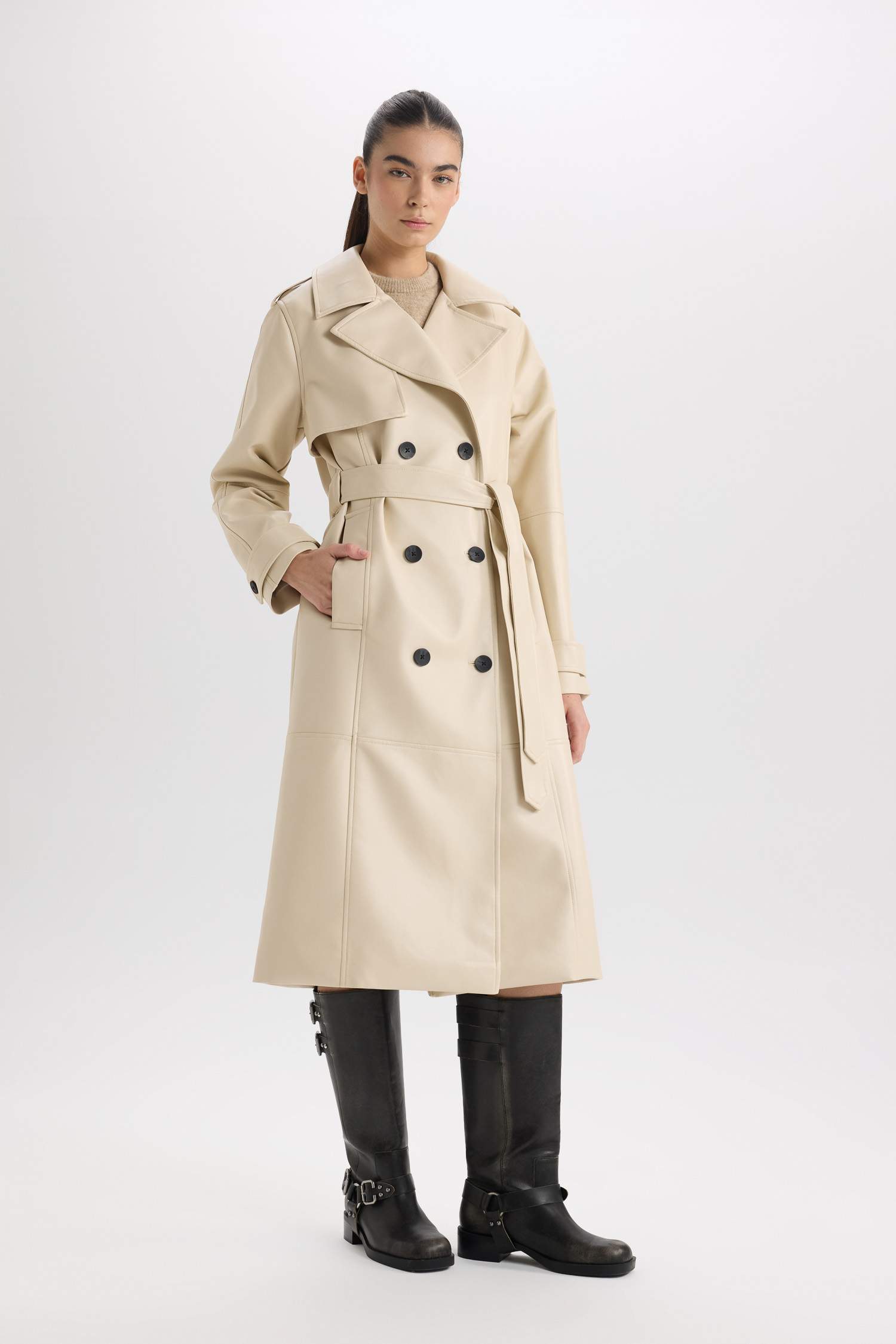 Su İtici Suni Deri Trençkot Kruvaze Yaka Düğmeli Kemerli Cepli