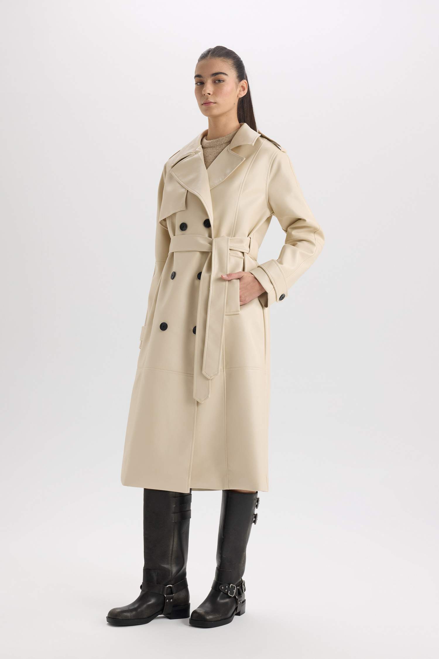 Su İtici Suni Deri Trençkot Kruvaze Yaka Düğmeli Kemerli Cepli