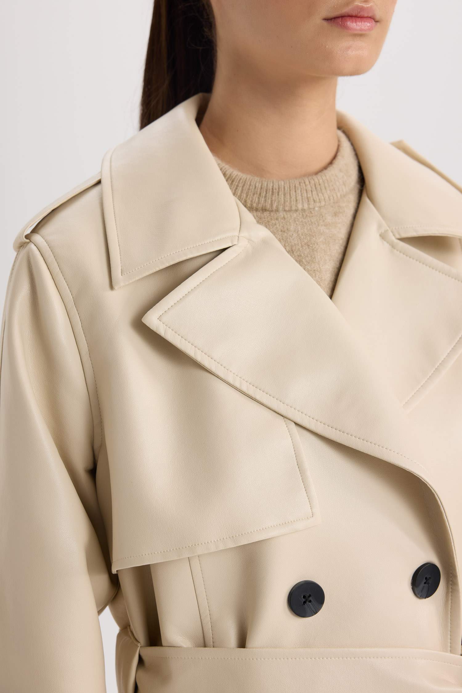 Su İtici Suni Deri Trençkot Kruvaze Yaka Düğmeli Kemerli Cepli